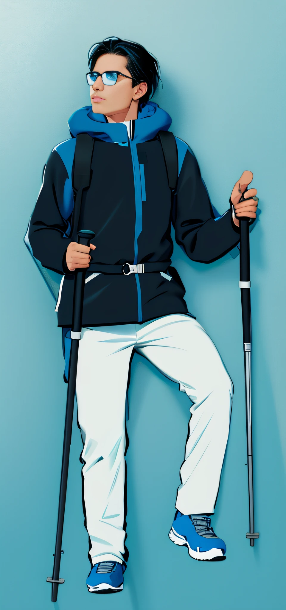 Keep the colors matching，mountaineering，Storm jacket，high light，Black pantsuit，Blue and black color-block coat，trekking poles，Hiking shoes，Camel stormsuit， neo-classical, Depth of field, Best quality, Super detail，Masterpiece，Manhwa Style，illustrated，Line art