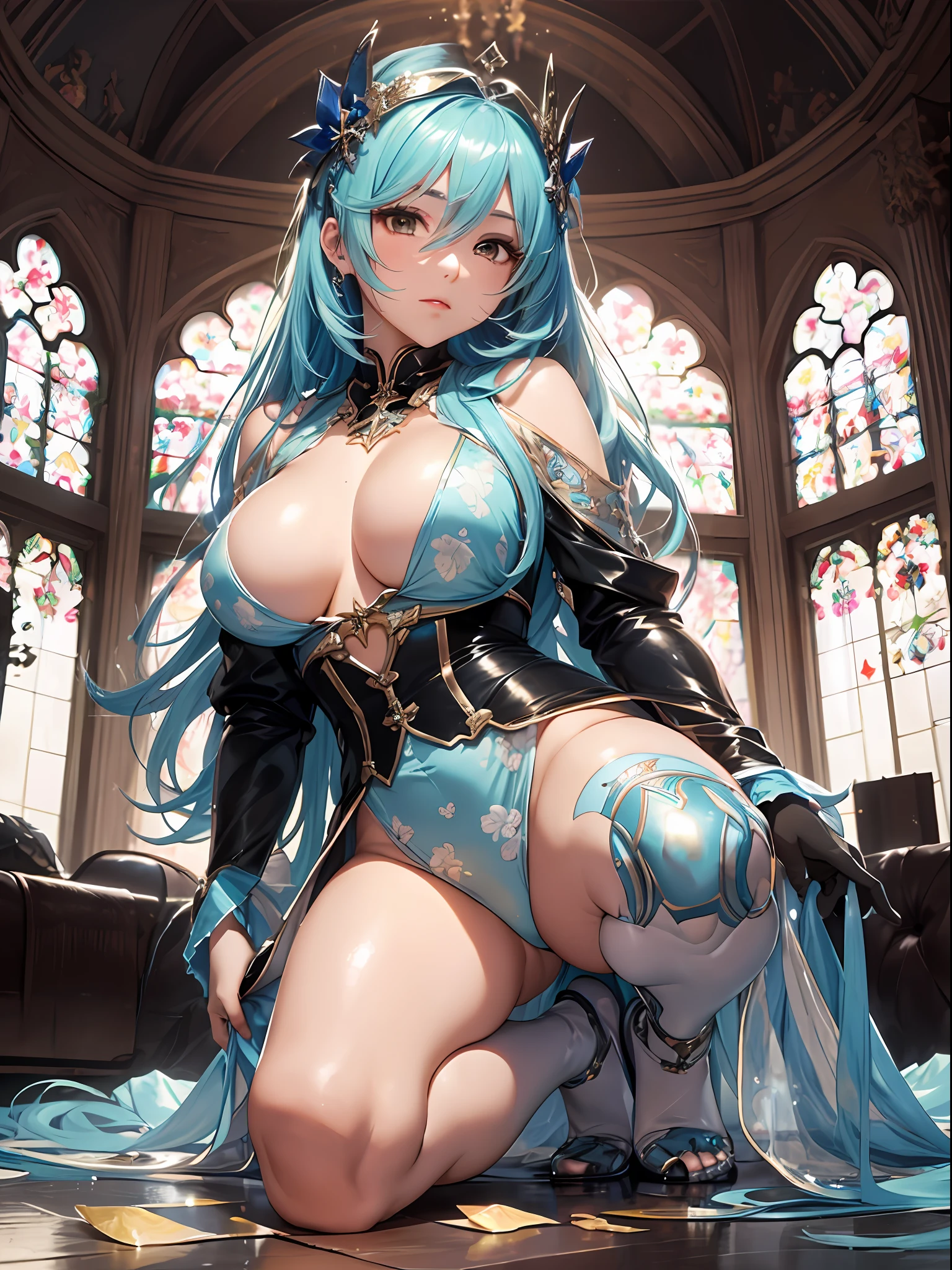 （Enrich the picture，Masterpiece level quality）Beautiful 8K CG artwork，Goddess-like posture，Kneeling exercise，Slim and soft，Translucent skin，Aqua blue hair、The aesthetic look of extra-long hair and messy hair，The skin is fair and juicy，Big JK Uniform，Perspective Part 1.2x enhanced silhouette effect，Exquisite transparent blues pattern in pajamas，The details are intricate and exquisite，The background is slightly blurred，Charming and lustful leg seduction，Drool，Extra-large big breasts，Blush，