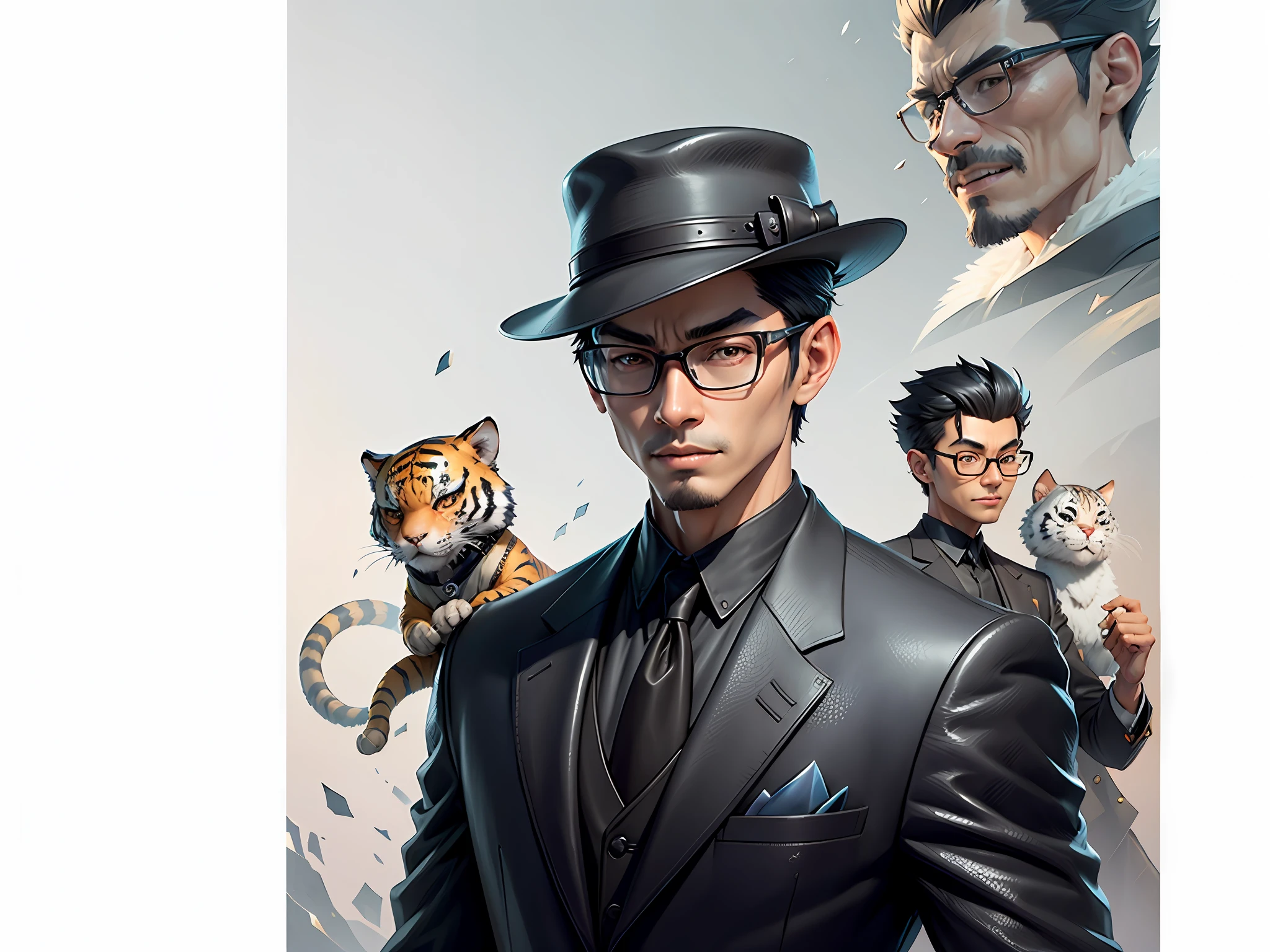 Young man with oriental face in leather hat, tiger, oriental face in formal suit, short black hair, silver glasses, digital painting, 3D character design by Mark Clairedon and Pixar and Hayao Miyazaki and Akira Toriyama, the illustration is a high-definition illustration in 4K resolution with very detailed facial features and cartoon-style visuals.