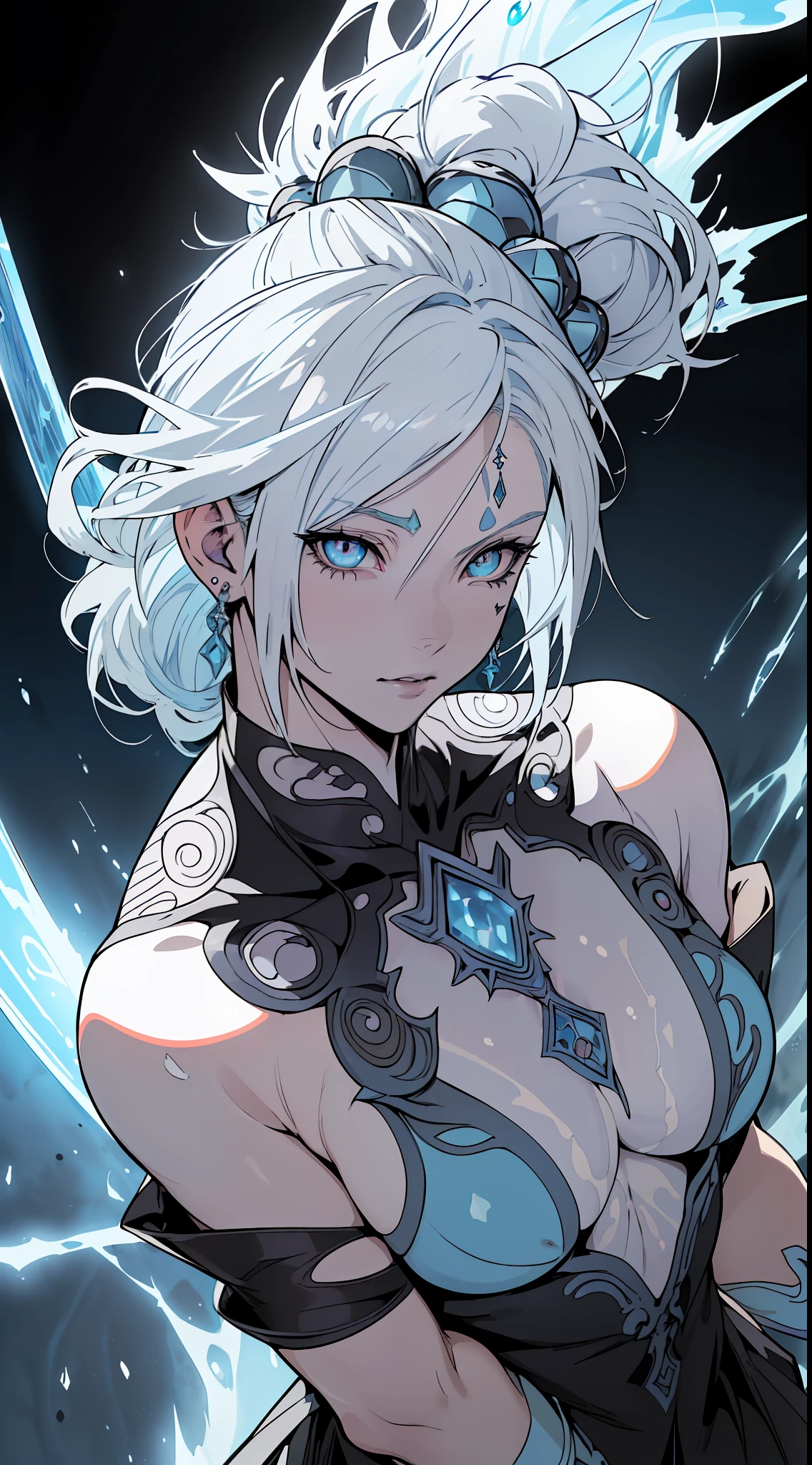 (anime) . ((Female (Shiva of Final Fantasy), blue eyes, white hair, ((light blue skin)), ice goddess)), in the space . (Masterpiece: 1.8), (64k quality), (final fantasy artwork concept), detailed (manga eyes + hair + clothes + body + face + colors + shoulders + eyes (globular + transparent + liquid) + (sharper drawings) + (shiny jewelry) + (clothes folds) + (rounded eyes) + (consistent clothes) + (clothing features) + (eyes line), better (colorful + (coarser line) + (black line) + finishing . [Drawing] (Anime (Manga (Comics))) + (Coarse Line: 1.8) + (Black Line: 1.8) + (Color: 1.8) + (Clean: 1.8) + (Contrast: 1.8) + (Black Outline: 1.8) + (adjusted colors: 1.8) + (shadow set: 1.8) + (manga eyes: 1.8), ((made homogeneous: 1.3))