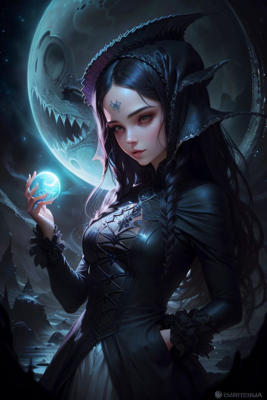 uma mulher em um vestido preto segurando uma bola de cristal na frente de uma lua, arte de estilo fantasia escura, Gothic fantasy art, arte de fantasia sombria, arte de fantasia sombria, no estilo da arte da fantasia sombria, dark fantasy illustration, fantasia arte escura, realistic fantasy illustration, arte fantasia behance, Neoartcore e Charlie Bowater, Artgerm e Tom Bagshaw