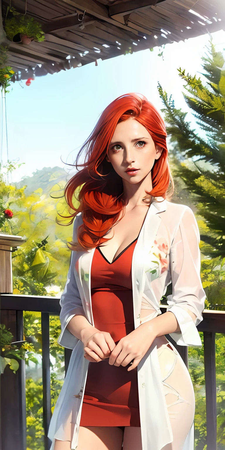 ((A watercolor and pencil drawing of a standing woman with red hair)), (corpo inteiro), cabelo ruivo escuro, cabelo ondulado, (corpo proporcional), (corpo perfeito), corpo bonito, {rosto da LiliArt}, (olhar penetrante e sexy), {middlebreasts}