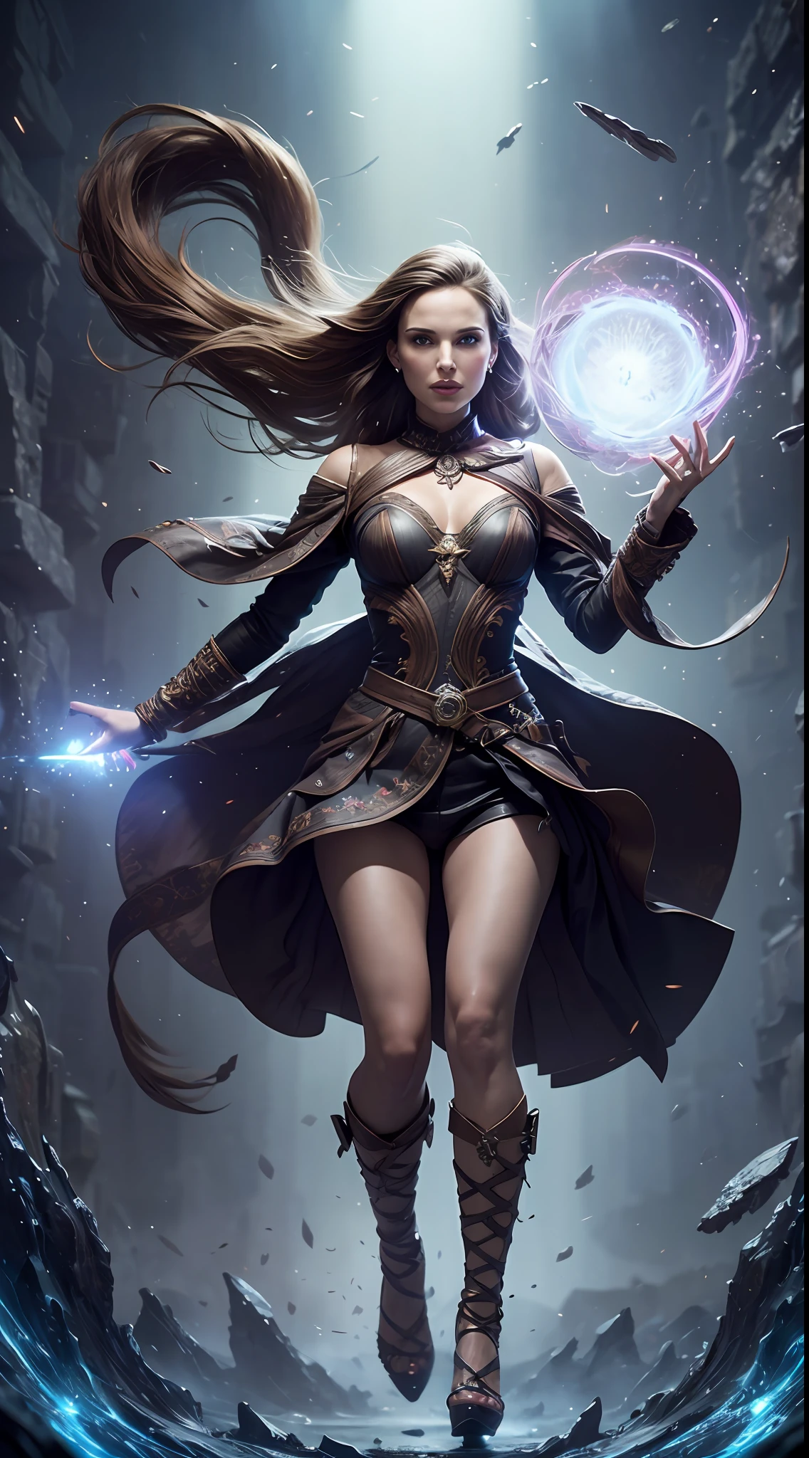 ((Best Quality)), ((Masterpiece)), (Very Detailed:1.3), levitating natalie portman, opening the void to infinity, the perfect combination from heaven and hell, fractal background, 3D octane rendering, high detail, 8k resolution, volumetric lighting