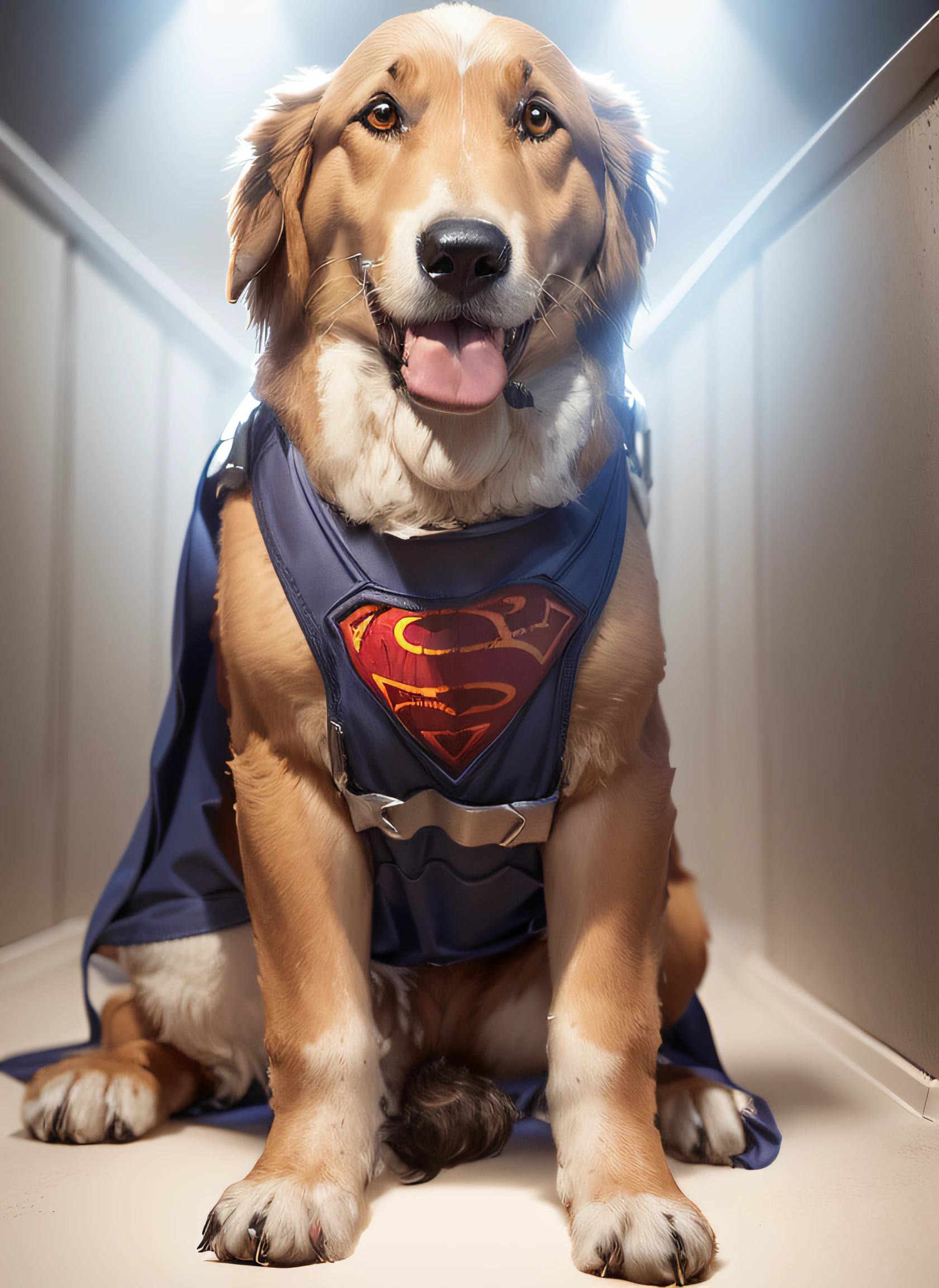 a shepherd dog with a hero outfit, looking forward, in the corner of the screen, white light background.
cartoon, high definition