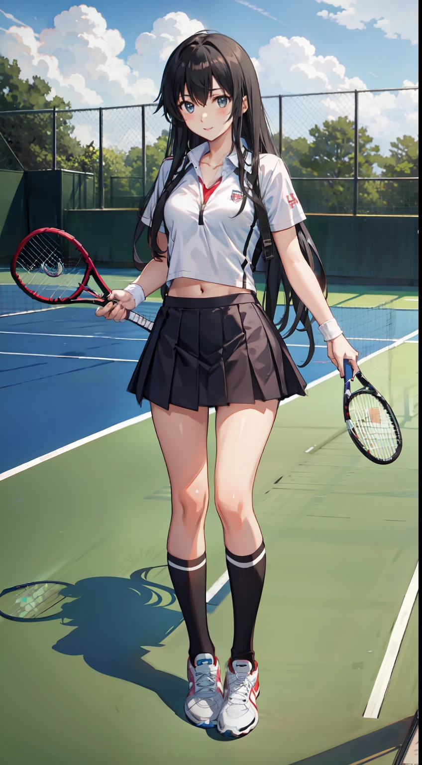 Yukino yukinoshita, long hair, cleavage, navel, slim legs, black hair, blue eyes, short skirt, thigh high socks, , happy, tennis player uniform, park, leaning, full body