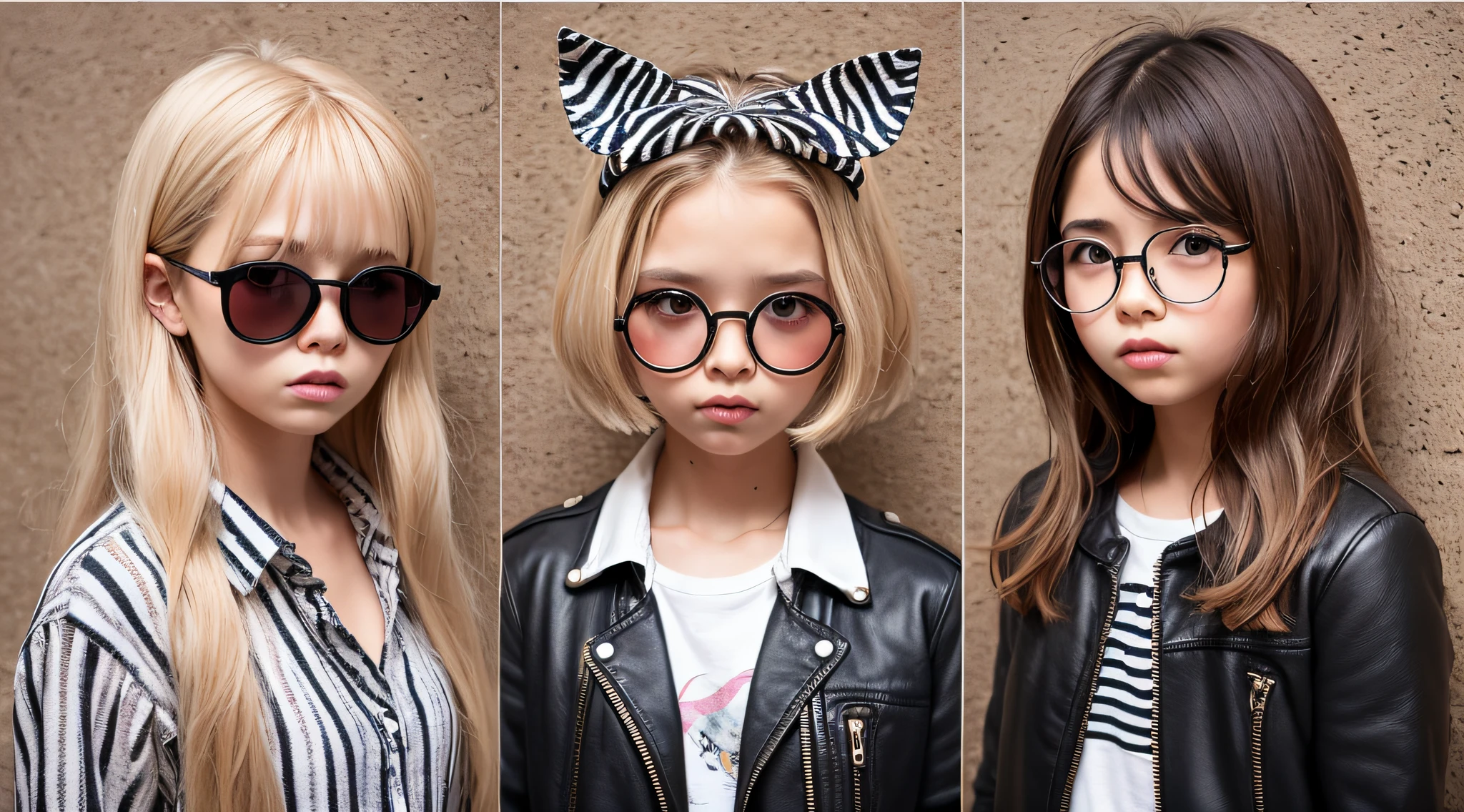 KIDS BLONDIES, CABELOS COMPRIDOS LOIRAS, 3 S KIDS DE 12 ANOAQUETAS COURO E OCULOS ESTILO ZEBRA.