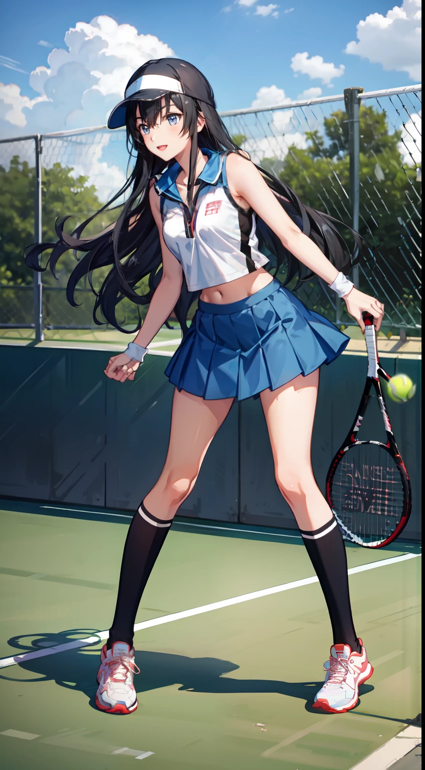 Yukino yukinoshita, long hair, cleavage, navel, slim legs, black hair, blue eyes,  short skirt, thigh high socks, teen, happy, tennis player uniform, park, leaning, full body