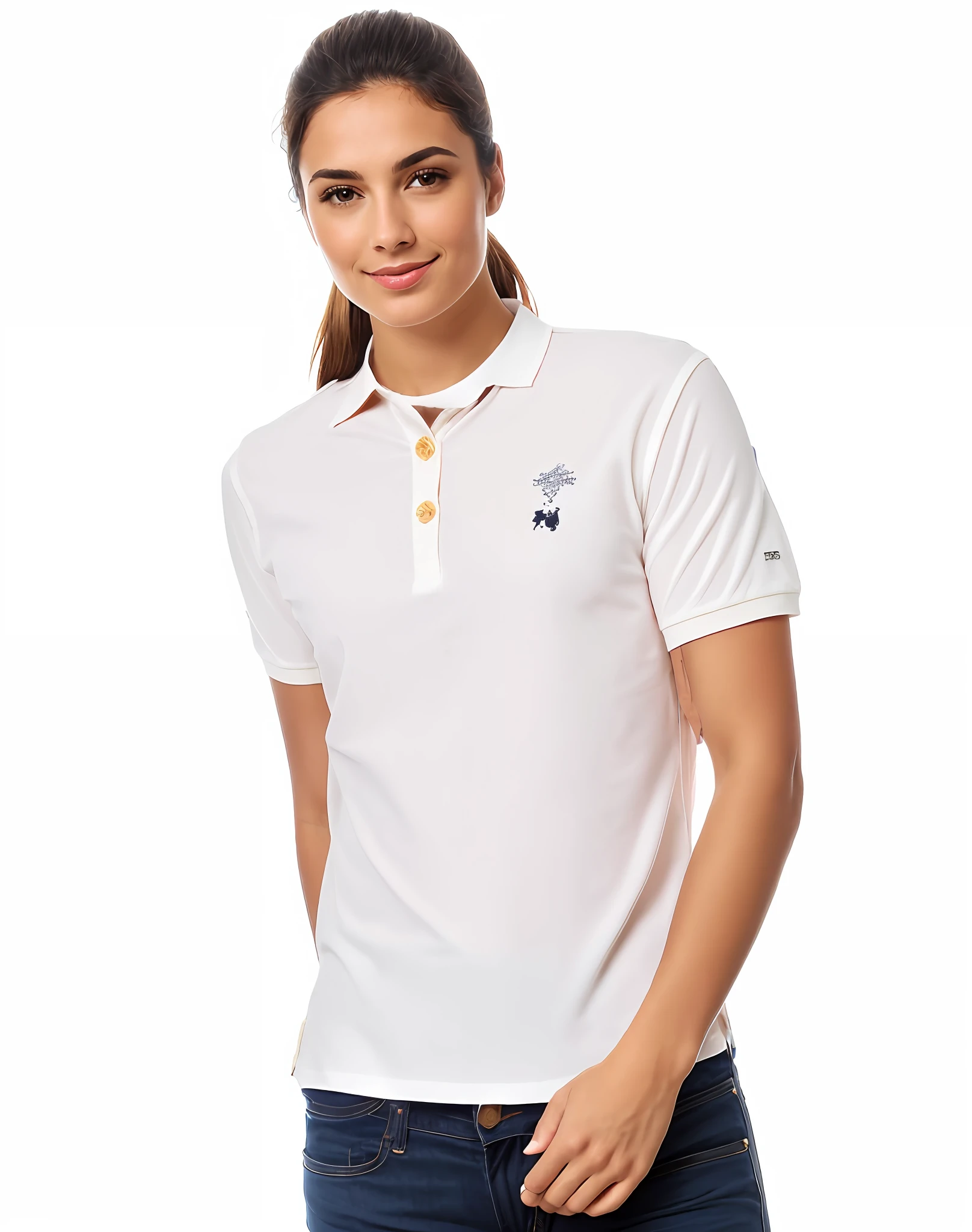 ((camisa polo:1.2, cor branca),(gola:1.1, two buttons:1.1)),girl's arm in front of body.