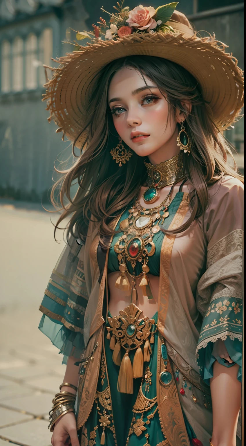 Beautiful woman in intricate Modern Bohemian Outfit