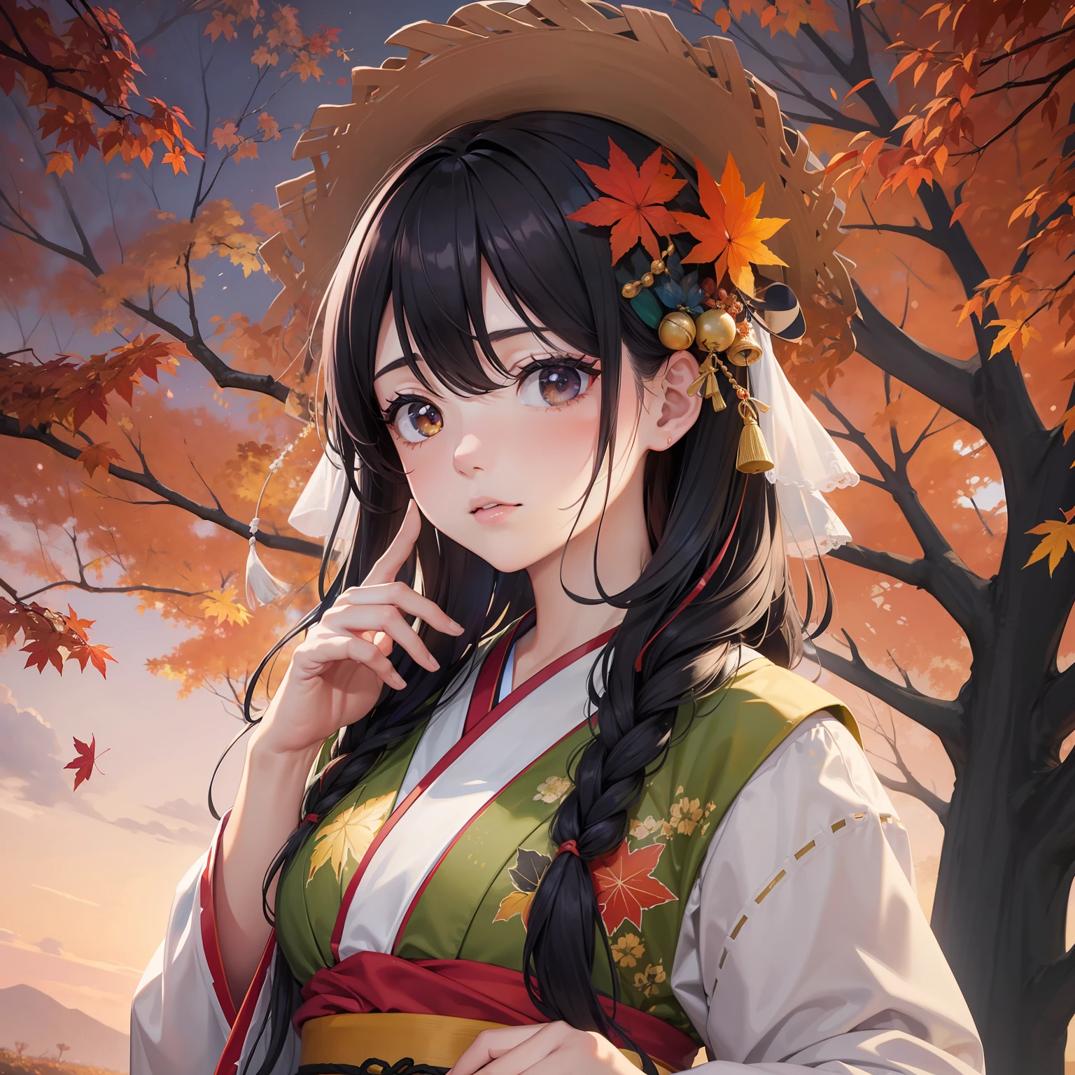 This is a beautifully aesthetic watercolor painting (1.2). The primary subject is a girl (1.3) who has unique, colorful hair - half of it black, and the other half a vivid rust color (1.2). The setting is at night, with a breathtakingly beautiful sunset casting vibrant hues across the canvas. The scene has a dreamy, fantastical feel to it. There's a large maple tree in the scene, its many autumn leaves appearing to dance in the air. The girl is dressed in traditional Japanese attire, her expression reflecting a sense of sadness.