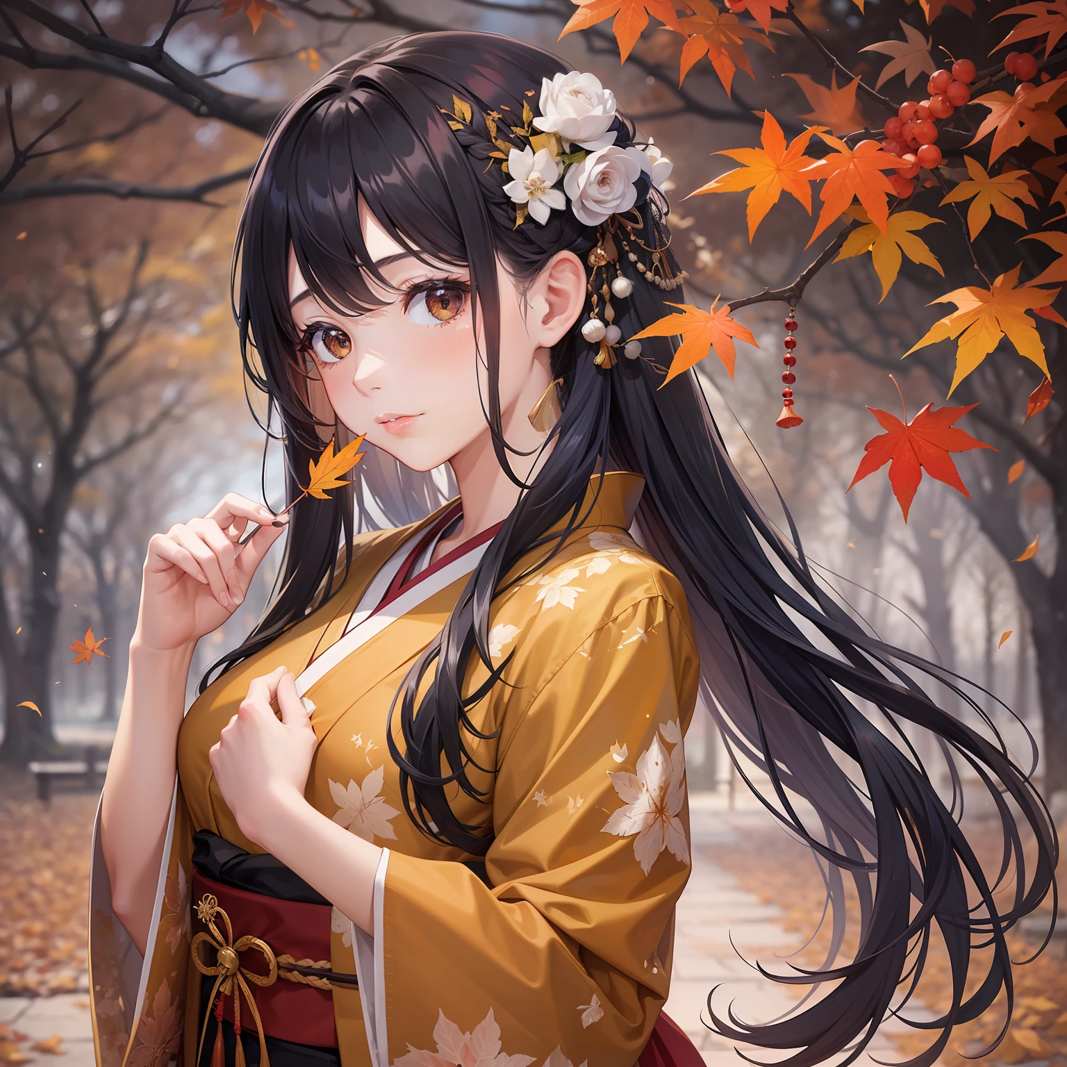 This is a beautifully aesthetic watercolor painting (1.2). The primary subject is a girl (1.3) who has unique, colorful hair - half of it black, and the other half a vivid rust color (1.2). The setting is at night, with a breathtakingly beautiful sunset casting vibrant hues across the canvas. The scene has a dreamy, fantastical feel to it. There's a large maple tree in the scene, its many autumn leaves appearing to dance in the air. The girl is dressed in traditional Japanese attire, her expression reflecting a sense of sadness.