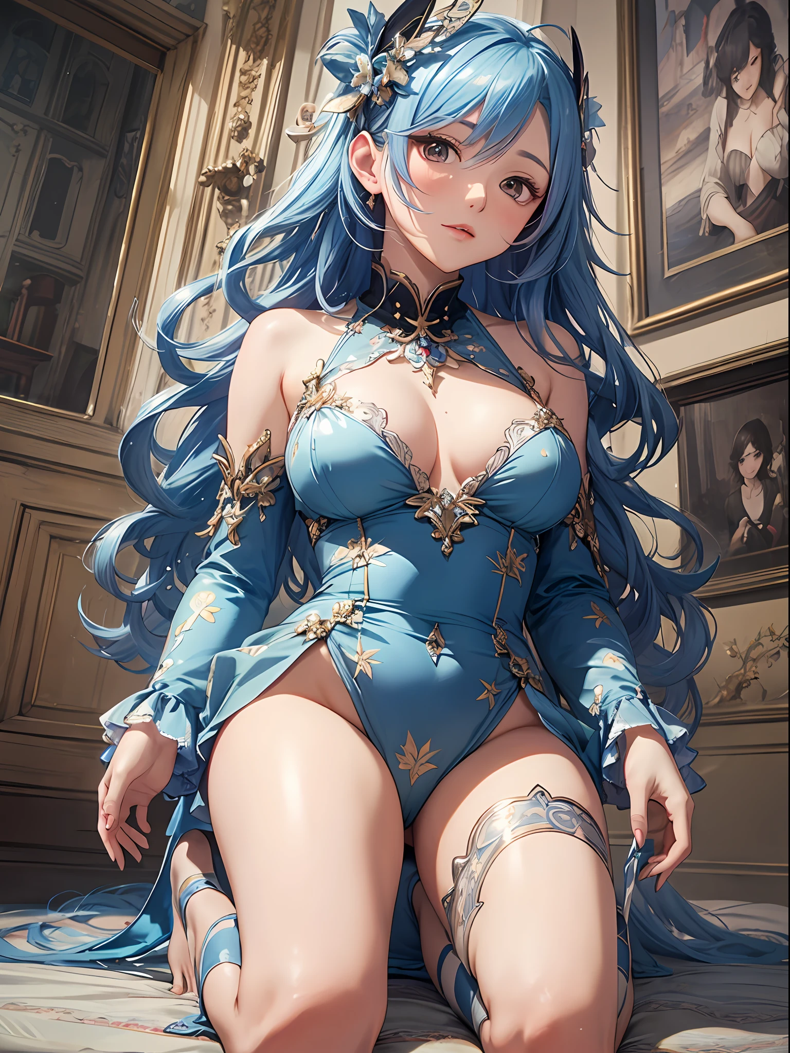 （Enrich the picture，Masterpiece level quality）Beautiful 8K CG artwork，Goddess-like posture，Kneeling exercise，Slim and soft，Translucent skin，Blue hair、The aesthetic look of extra-long hair and messy hair，The skin is fair and juicy，Big JK Uniform，Perspective Part 1.2x enhanced silhouette effect，Exquisite transparent blues pattern in pajamas，The details are intricate and exquisite，The background is slightly blurred，Charming and lustful leg seduction，Drool，Extra-large big breasts，Blush，