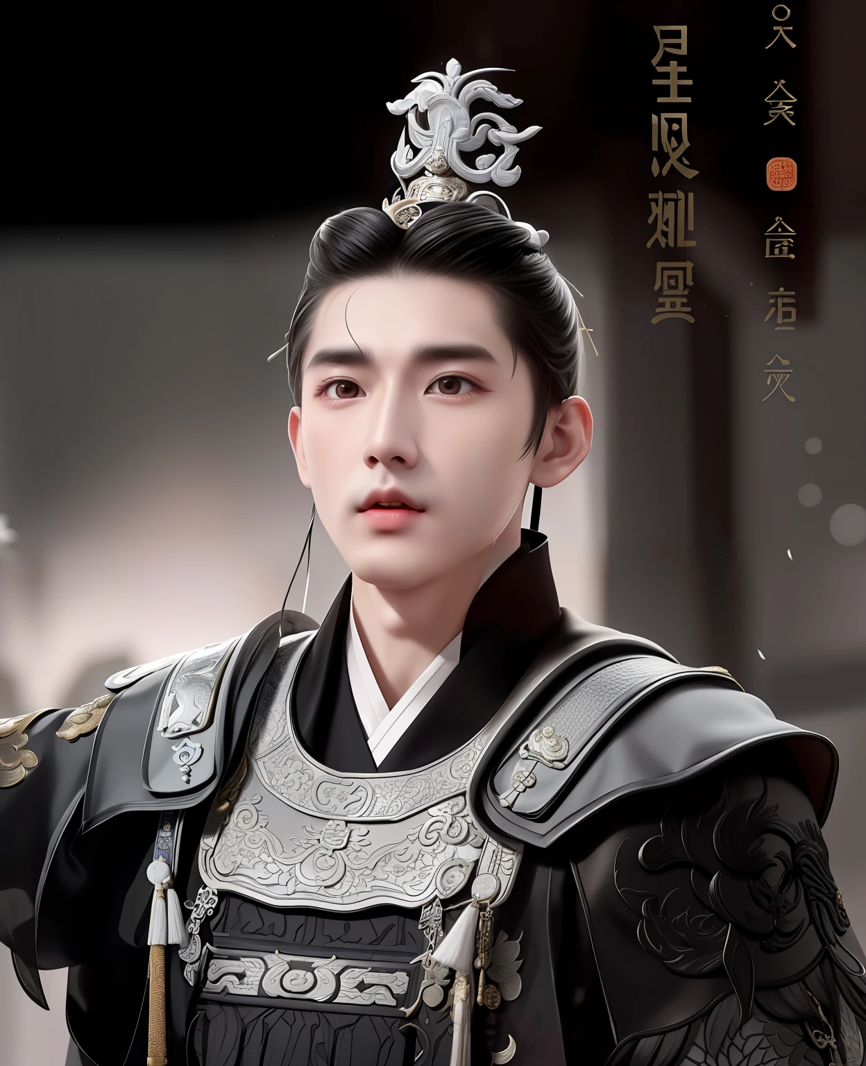 a close up of a person wearing a black and white outfit, zhao yun, inspired by Zhang Han, loong, cai xukun, inspired by Guan Daosheng, bo feng, xianxia hero, inspired by Zhao Yuan, heise jinyao, inspired by Huang Shen, yan, inspired by Xie Huan, inspired by Luo Mu