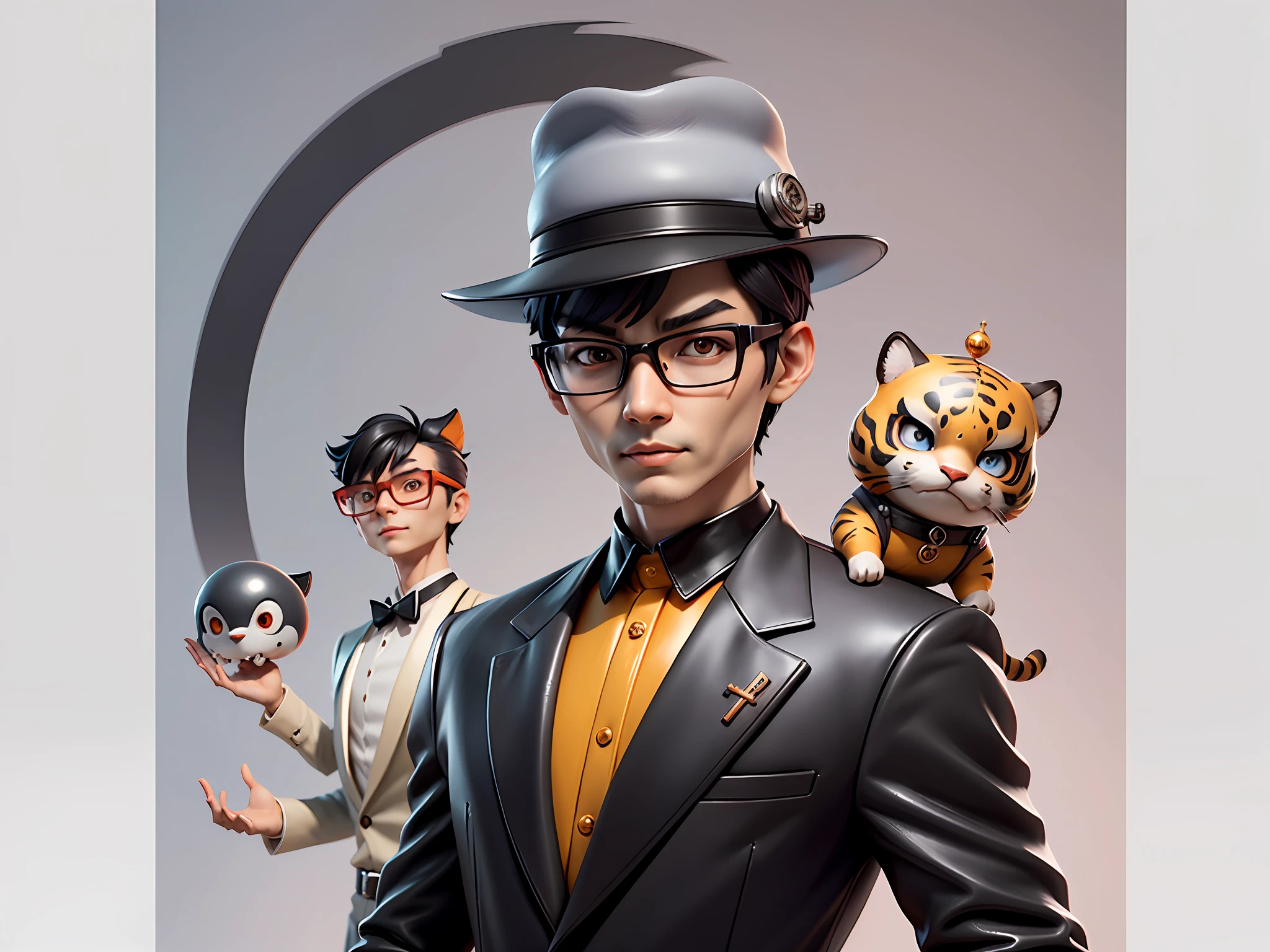 Young man with oriental face in leather hat, tiger, oriental face in formal suit, short black hair, silver glasses, digital painting, 3D character design by Mark Clairedon and Pixar and Hayao Miyazaki and Akira Toriyama, the illustration is a high-definition illustration in 4K resolution with very detailed facial features and cartoon-style visuals.