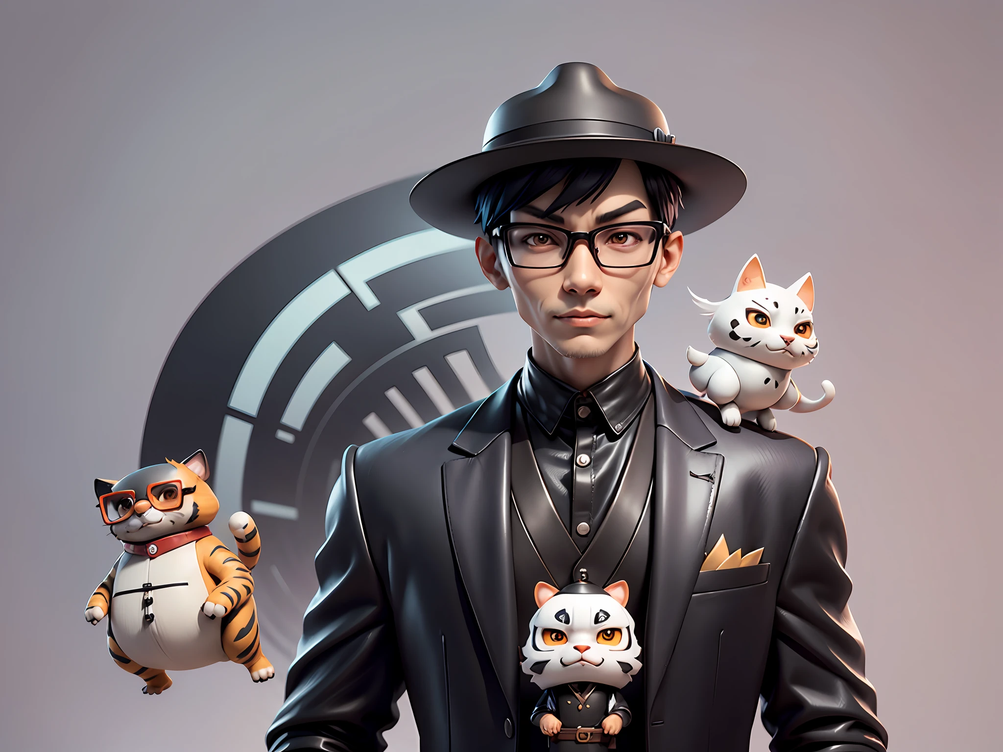 Young man with oriental face in leather hat, tiger, oriental face in formal suit, short black hair, silver glasses, digital painting, 3D character design by Mark Clairedon and Pixar and Hayao Miyazaki and Akira Toriyama, the illustration is a high-definition illustration in 4K resolution with very detailed facial features and cartoon-style visuals.