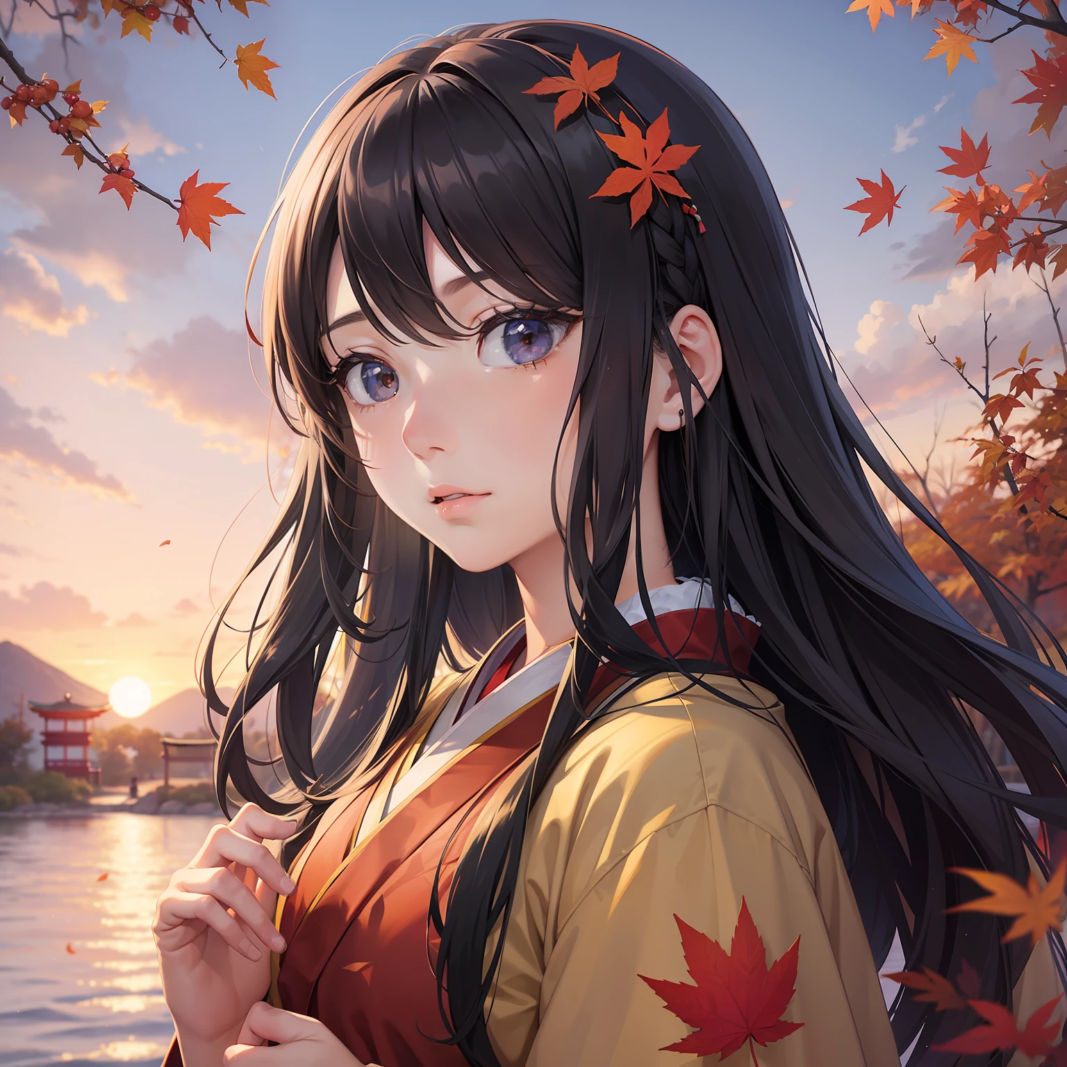 This is a beautiful and aesthetic watercolor painting (1.2). The main subjects are girls (1.3) Unique people, Colorful hair - half of which is black, And the other half is bright rust color (1.2). Set at night, A breathtakingly beautiful sunset casts bright shades across the canvas. The scene is like a dream, Fantastic feel to it. There is a large maple tree in the scene, Many autumn leaves fluttering in the air. The girl is wearing a traditional costume of Japan, Facial expressions reflecting sadness.