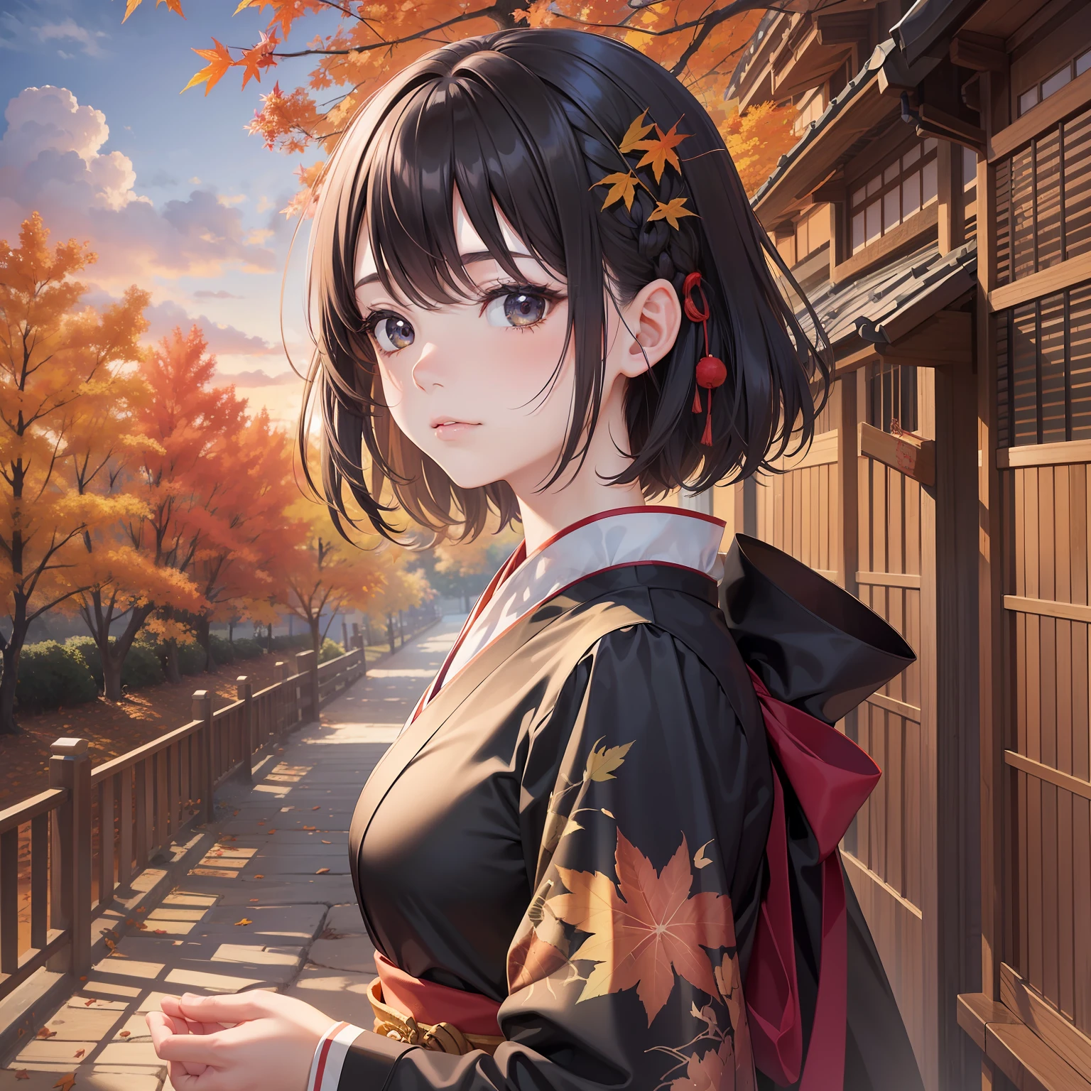 This is a beautiful and aesthetic watercolor painting (1.2). The main subjects are girls (1.3) Unique people, Colorful hair - half of which is black, And the other half is bright rust color (1.2). Set at night, A breathtakingly beautiful sunset casts bright shades across the canvas. The scene is like a dream, Fantastic feel to it. There is a large maple tree in the scene, Many autumn leaves fluttering in the air. The girl is wearing a traditional costume of Japan, Facial expressions reflecting sadness.