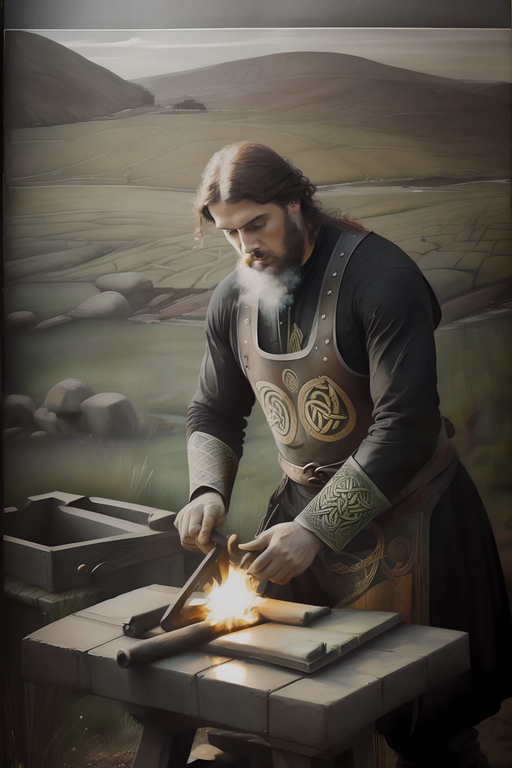 (((Pre-Raphaelite charcoal painting Celtic blacksmith, barra em brasas de fogo, folhas de azevinho, paisagem celta invernal)))