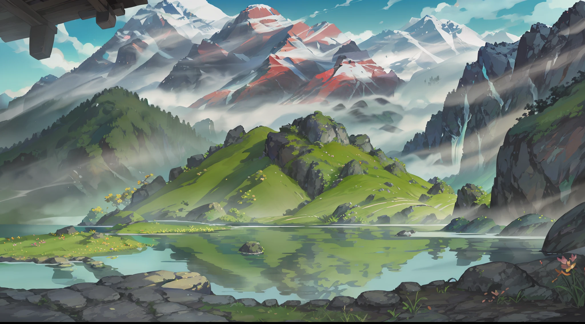 Chinese ancient times, spring, jungle, lake, cave, waterfall, tree, meadow, rock, deer, hot spring, water vapor, (illustration: 1.0), epic composition, realistic lighting, HD details, masterpiece, best quality, (very detailed CG unified 8k wallpaper)