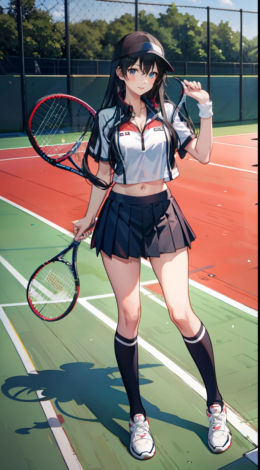Yukino yukinoshita, long hair, cleavage, navel, slim legs, black hair, blue eyes,  short skirt, thigh high socks, , happy, tennis player uniform, park, full body
