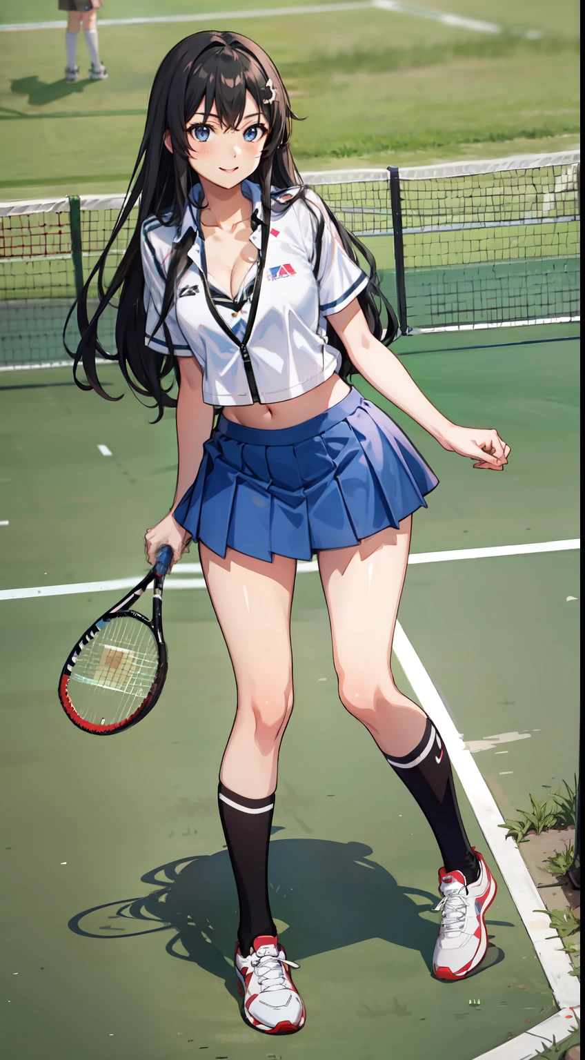 Yukino yukinoshita, long hair, cleavage, navel, slim legs, black hair, blue eyes, short skirt, thigh high socks, , happy, tennis player uniform, park, full body