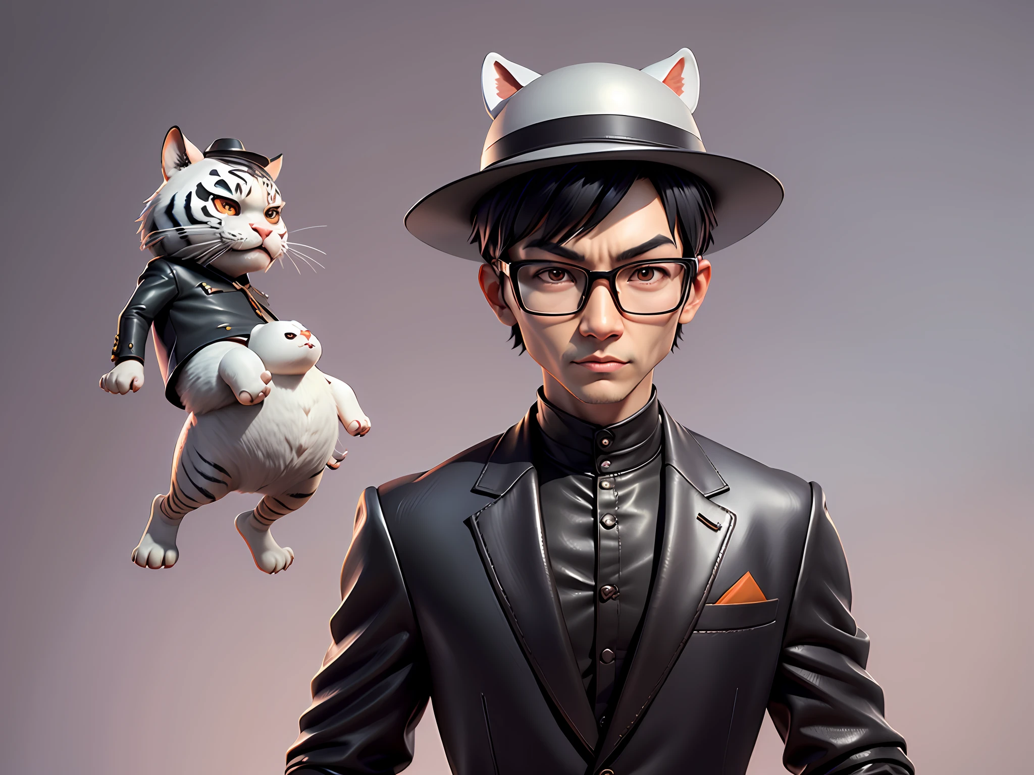 Young man with oriental face in leather hat, tiger, oriental face in formal suit, short black hair, silver glasses, digital painting, 3D character design by Mark Clairedon and Pixar and Hayao Miyazaki and Akira Toriyama, the illustration is a high-definition illustration in 4K resolution with very detailed facial features and cartoon-style visuals.