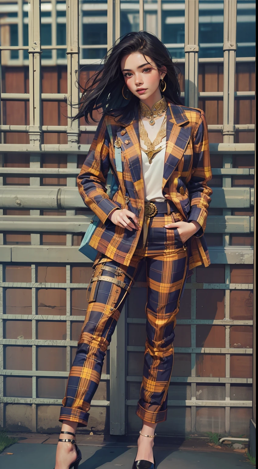 Beautiful woman in intricate Bold and Plaid Outfit