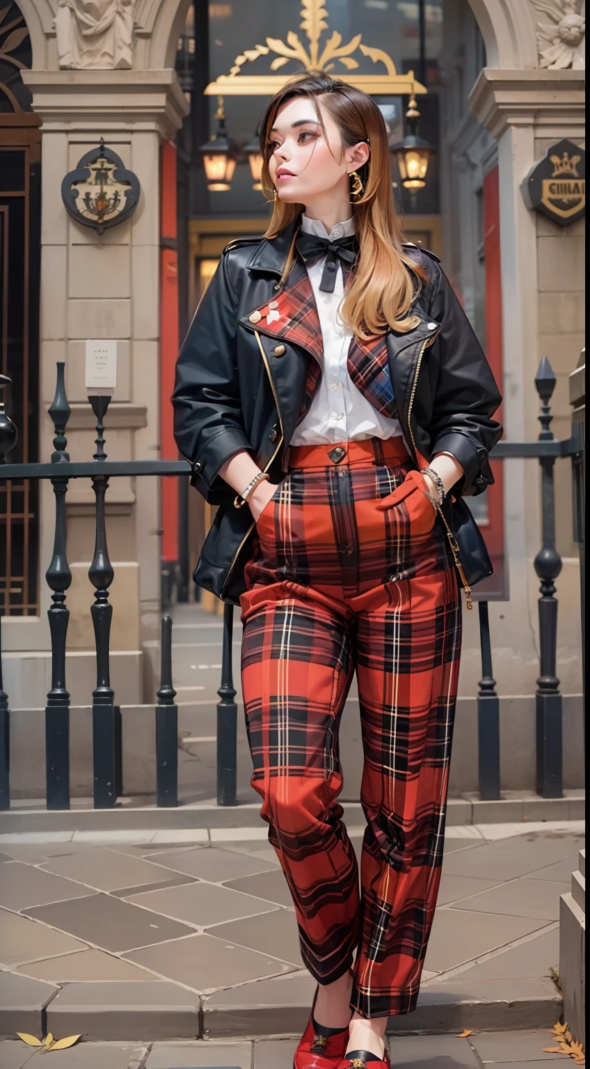 Beautiful woman in intricate Bold and Plaid Outfit
