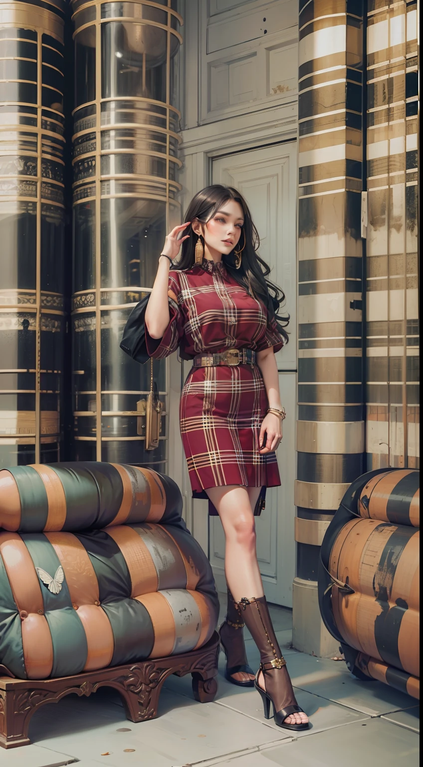 Beautiful woman in intricate Bold and Plaid Outfit