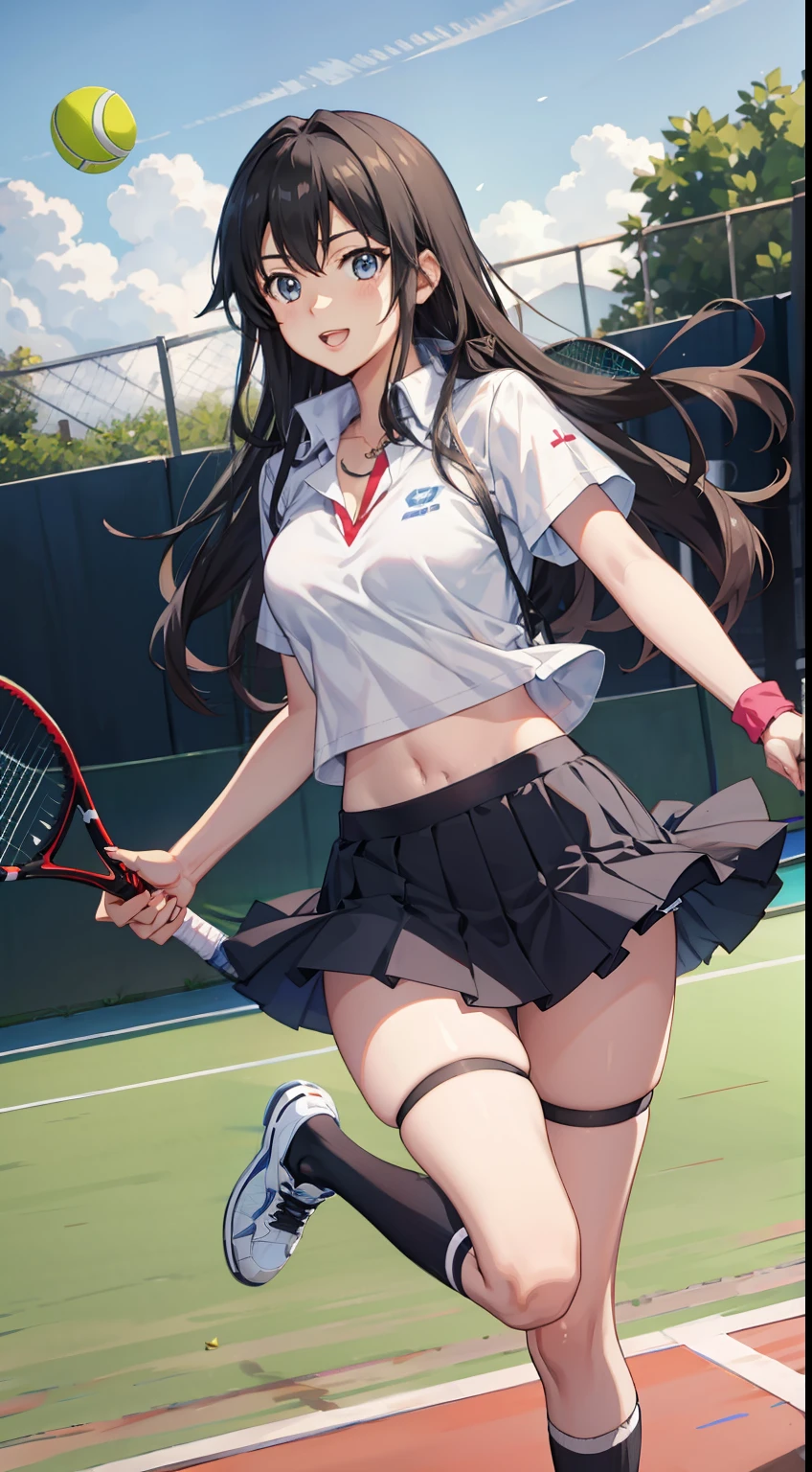 Yukino yukinoshita, long hair, cleavage, navel, slim legs, black hair, blue eyes,  short skirt, thigh high socks, teen, happy, tennis player uniform, park,