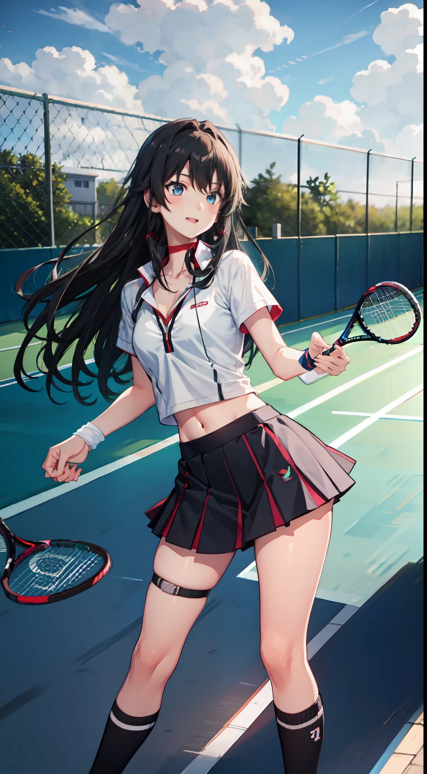 Yukino yukinoshita, long hair, cleavage, navel, slim legs, black hair, blue eyes,  short skirt, thigh high socks, teen, happy, tennis player uniform, park,