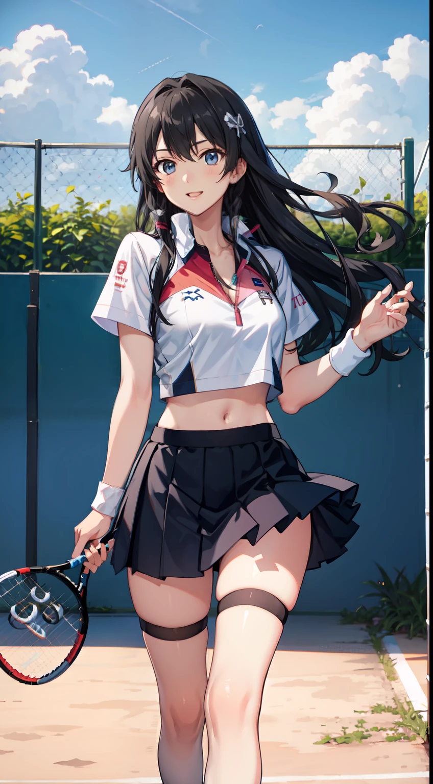 Yukino yukinoshita, long hair, cleavage, navel, slim legs, black hair, blue eyes,  short skirt, thigh high socks, teen, happy, tennis player uniform, park,