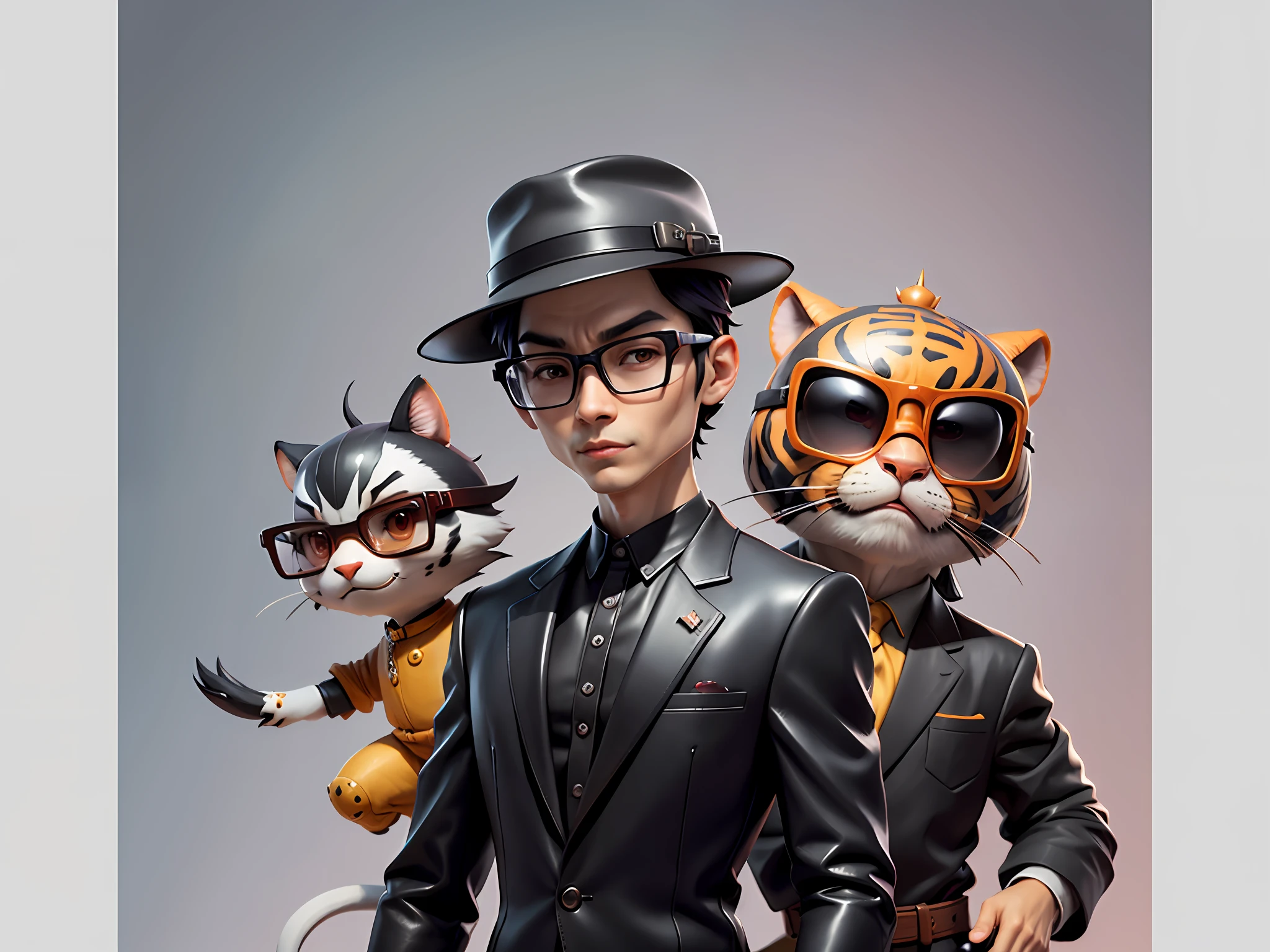 Young man with oriental face in leather hat, tiger, oriental face in formal suit, short black hair, silver glasses, digital painting, 3D character design by Mark Clairedon and Pixar and Hayao Miyazaki and Akira Toriyama, the illustration is a high-definition illustration in 4K resolution with very detailed facial features and cartoon-style visuals.