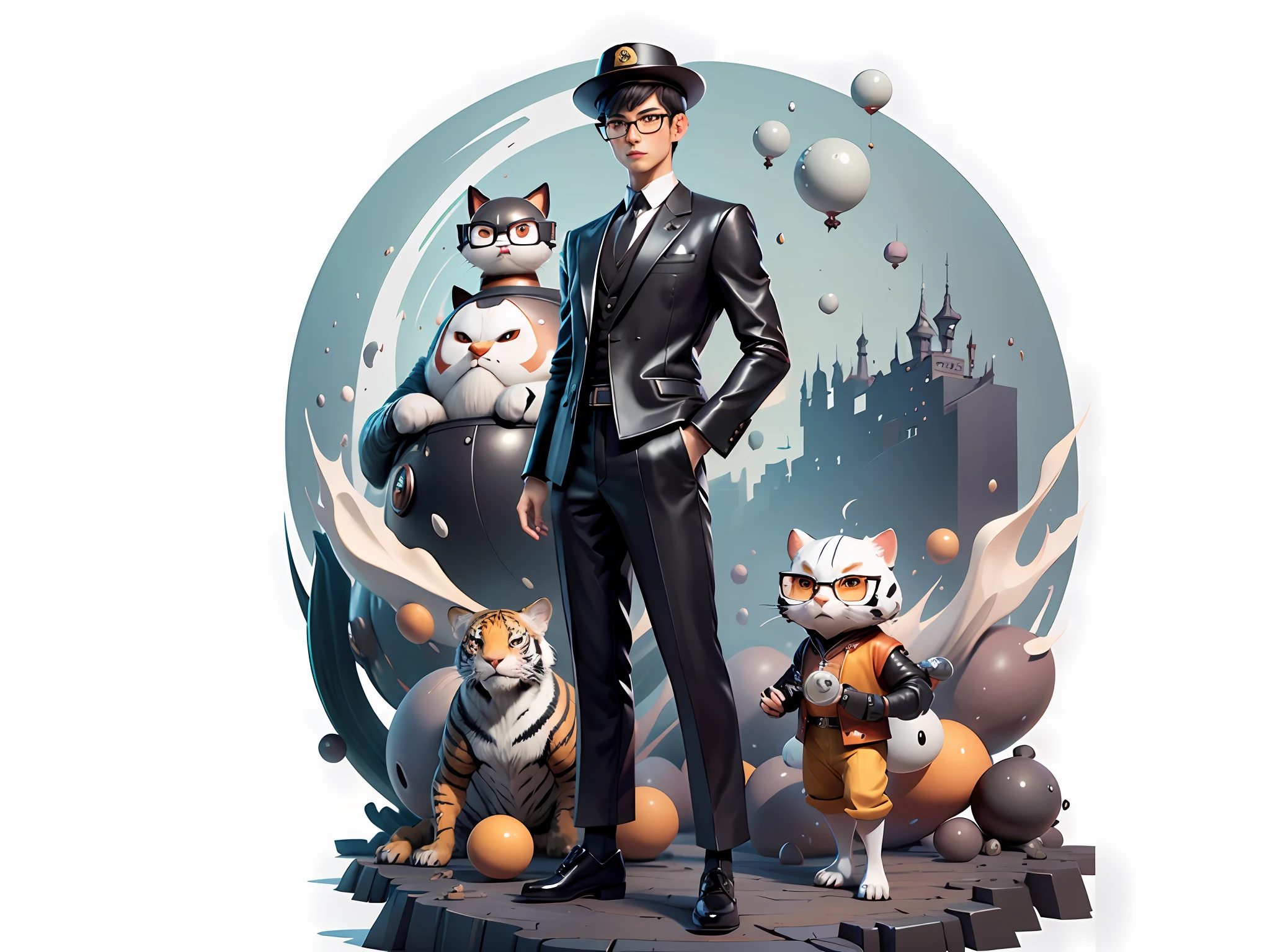 Young man with oriental face in leather hat, tiger, oriental face in formal suit, short black hair, silver glasses, digital painting, 3D character design by Mark Clairedon and Pixar and Hayao Miyazaki and Akira Toriyama, the illustration is a high-definition illustration in 4K resolution with very detailed facial features and cartoon-style visuals.