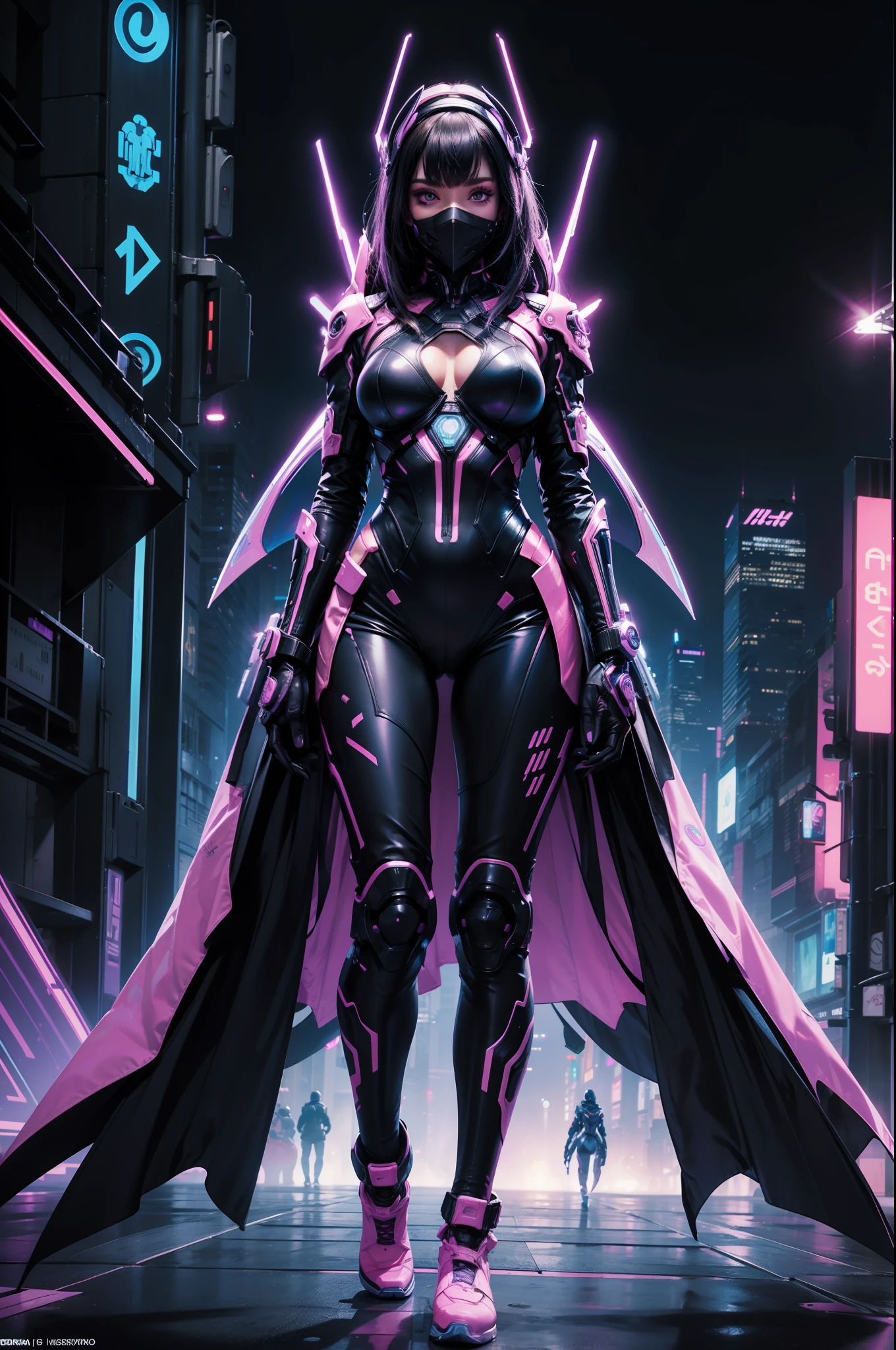 Futuristic, nightlife city, girl, perfect body, detailed face, detailed clothes and mask, futuristic tight clothes, neon lights, (black), pink, blue, purple, (full body), hyper detailed background, ((masterpiece, high quality))