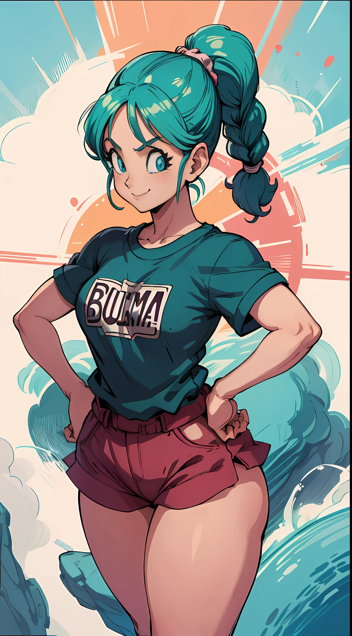 obra-prima, melhor qualidade, highres, dragon ball, blmpony, aqua hair, fita de cabelo, braided ponytail, camisa rosa, cinto, cachecol, saia rosa, roupas escrita, luvas marrons, middlebreasts, ao ar livre, tiro de cowboy, ondulando, sorriso,peitos, enormes, quadris largos, bunda grande, coxas grossas,curvas thincc,corpo perfeito, anatomia perfeita, boa anatomia, good composition,pose sensual