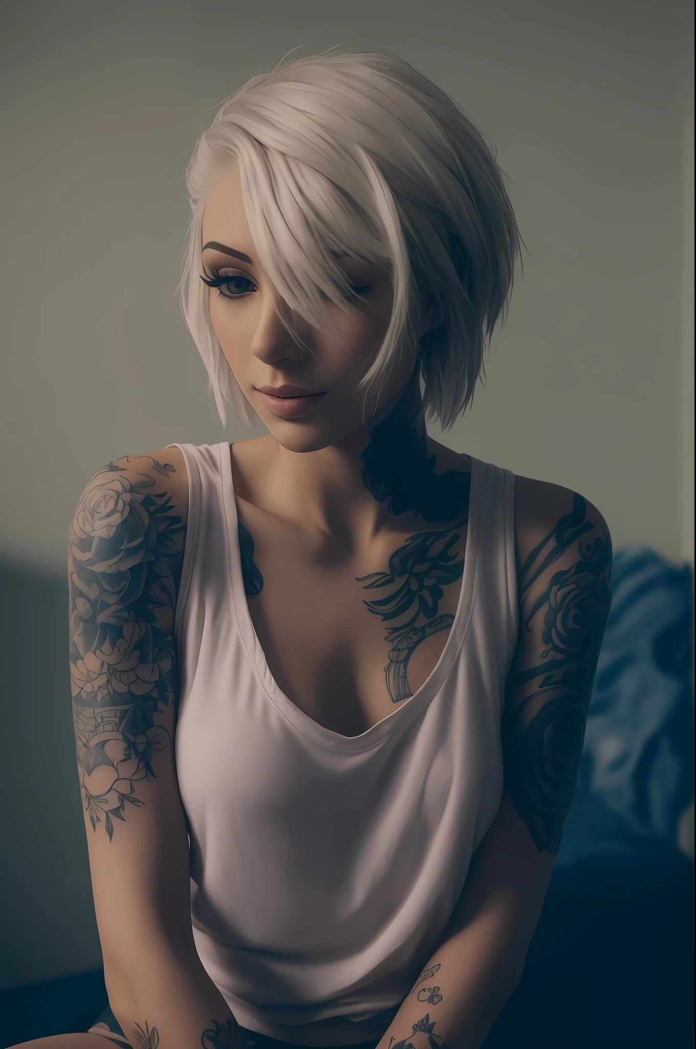 A closeup of a beautiful woman with a tattoo on her arm, com tatuagens, Tatuado, Coberto, cabelos loiros curtos, cabelos brancos curtos, short hair, cabelos loiros curtos, messy short hair, cabelos curtos loiros, cabelos curtos brancos, chloe price, androgynous, short messy hair, menina com cabelo branco curto, tatuagens, tattoo sleeve on her right arm