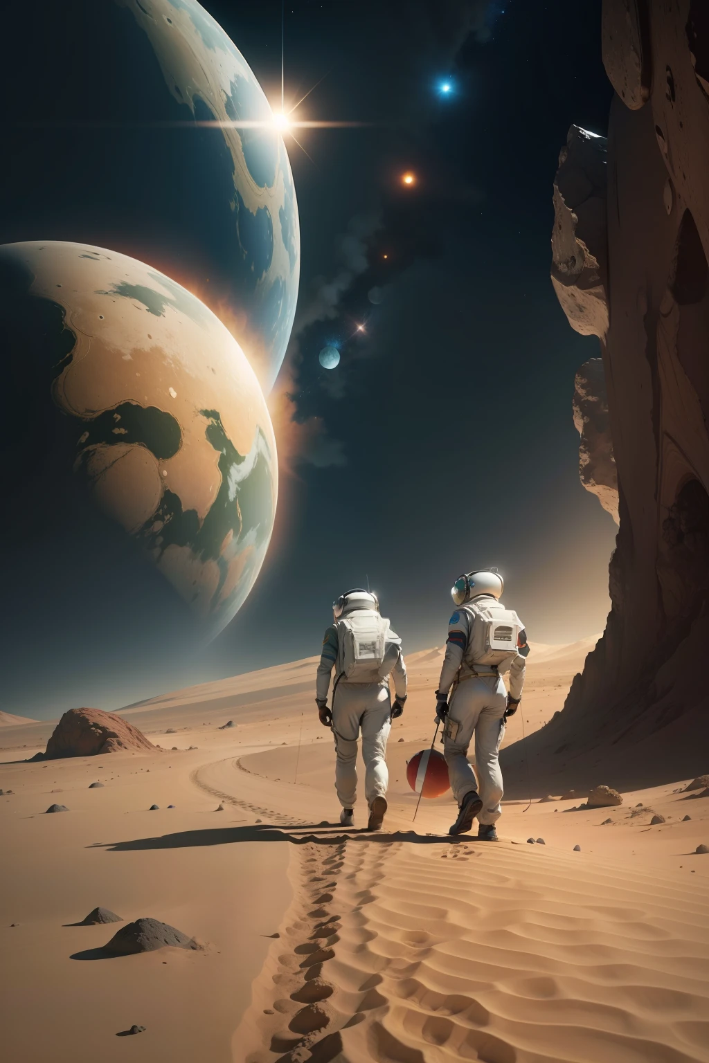 Image of an as-yet-unexplored planet with astronauts strolling around and a rocket parked somewhere