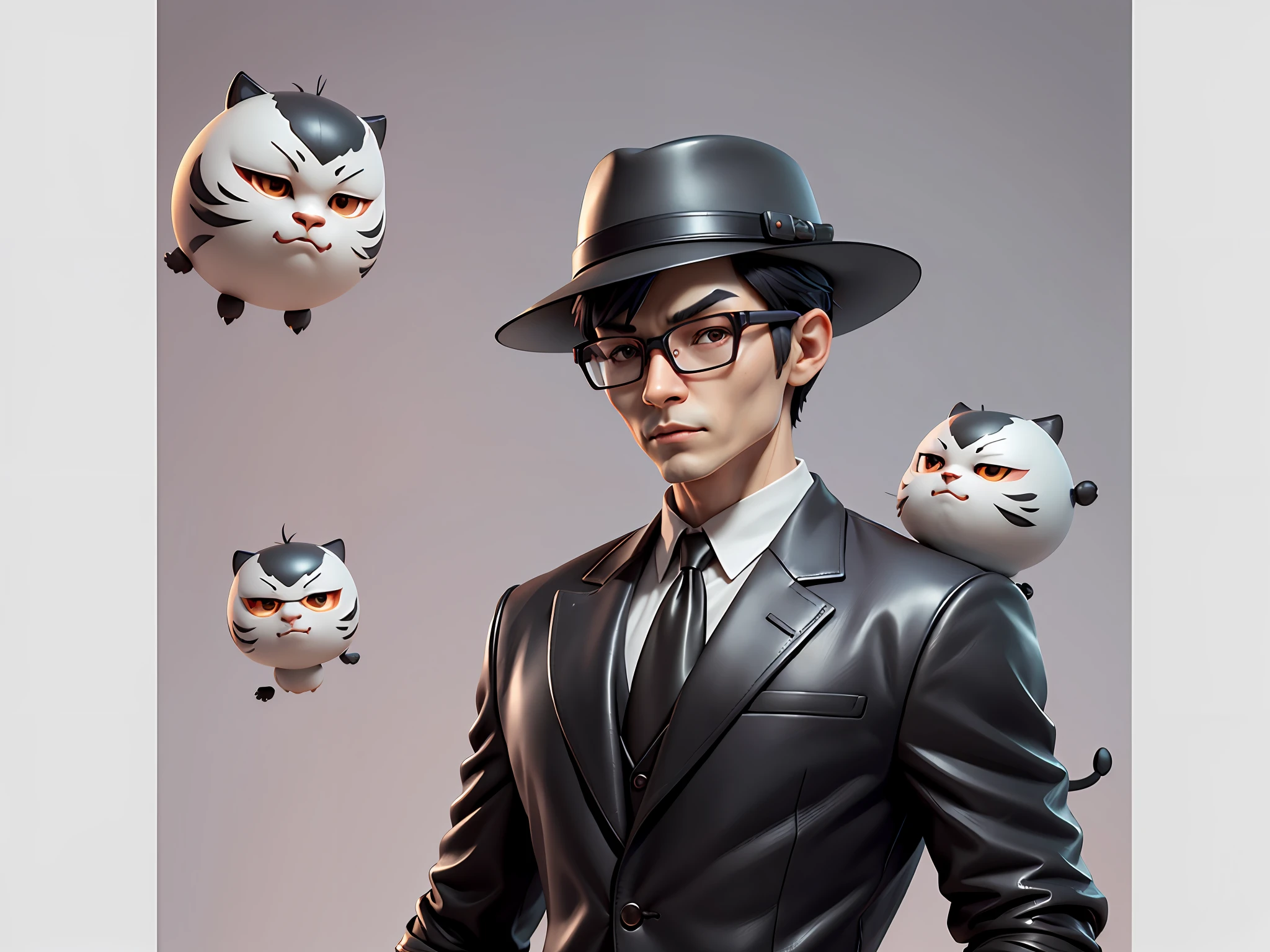 Young man with oriental face in leather hat, tiger, oriental face in formal suit, short black hair, silver glasses, digital painting, 3D character design by Mark Clairedon and Pixar and Hayao Miyazaki and Akira Toriyama, the illustration is a high-definition illustration in 4K resolution with very detailed facial features and cartoon-style visuals.