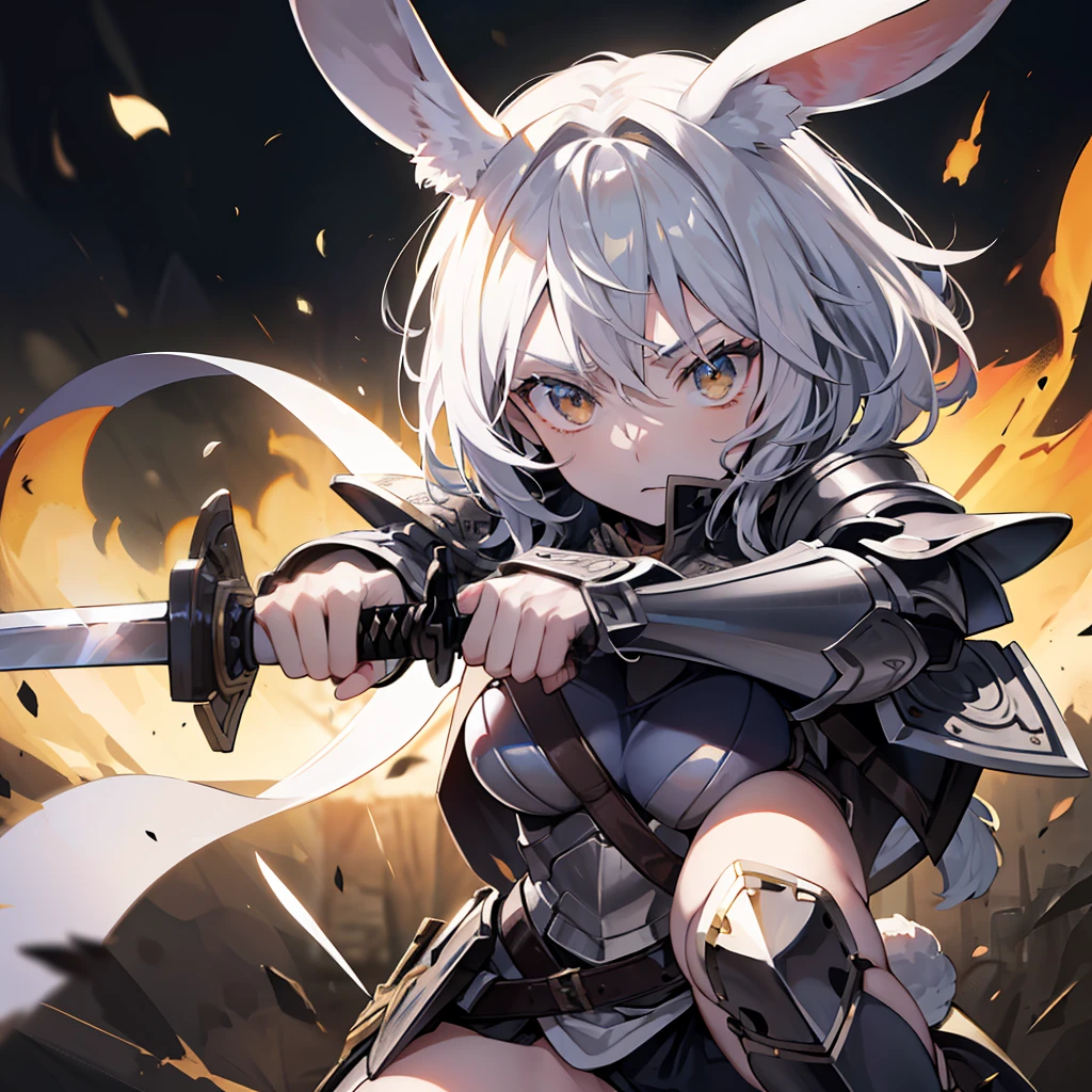 (highres, best quality), far from frame, depth of field, Adult female, (detailed, highly detailed), soft lighting, (color_contrast), short white hair, one side shaved, hair parted, brown eyes, rabbit ears, rabbit tail, fitted armor, full body armor, medium breasts, brandishing a sword: longsword, silver steel on cross guard, ornament pummel, holding hilt of the sword, (detailed hands), (detailed weapon), on a battlefield, looking fierce, looking determined, detailed eyes, cute, toned body, legs covered, muscular arms, surrounded by a malicious aura