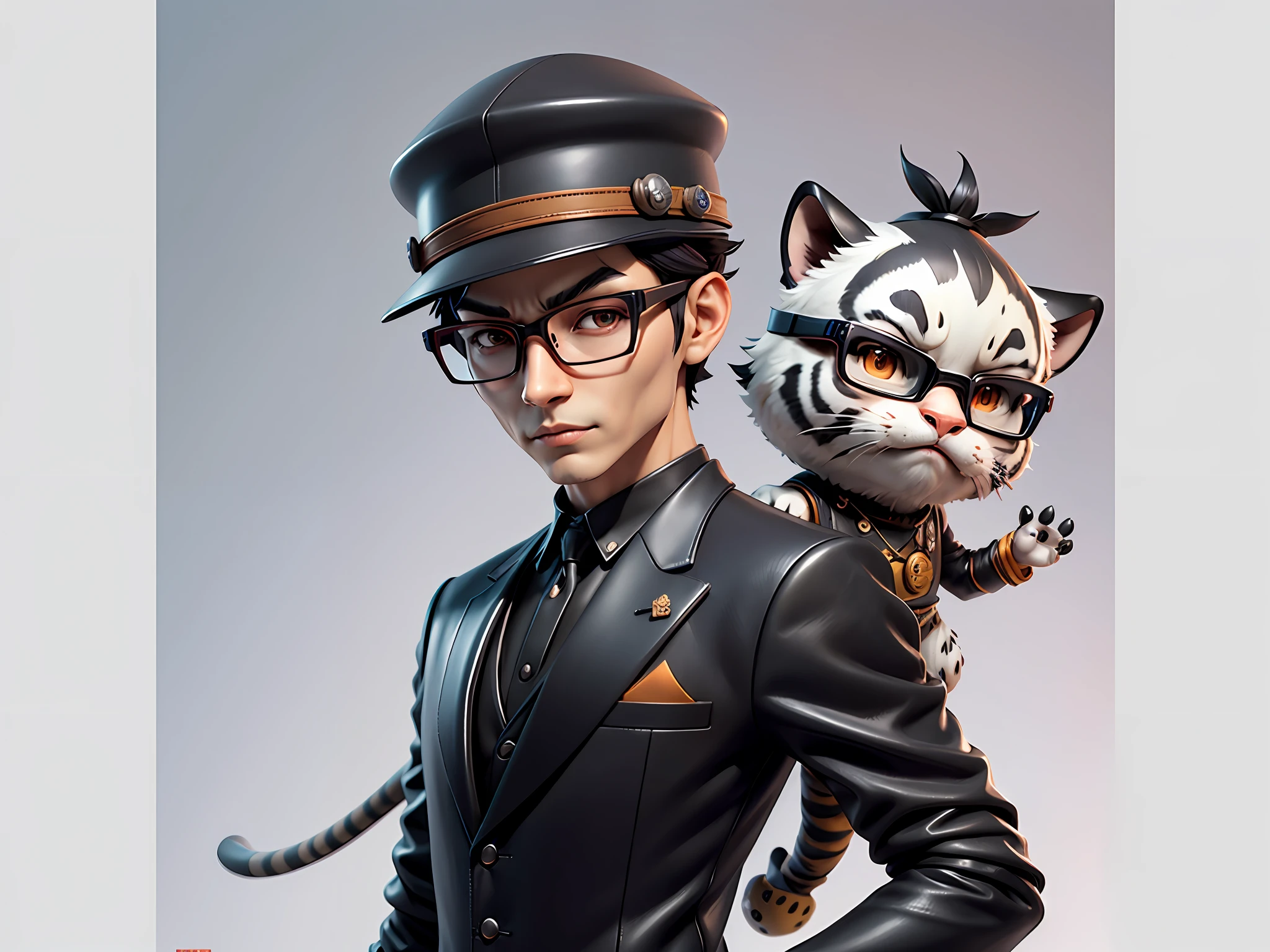 Young man with oriental face in leather hat, tiger, oriental face in formal suit, short black hair, silver glasses, digital painting, 3D character design by Mark Clairedon and Pixar and Hayao Miyazaki and Akira Toriyama, the illustration is a high-definition illustration in 4K resolution with very detailed facial features and cartoon-style visuals.