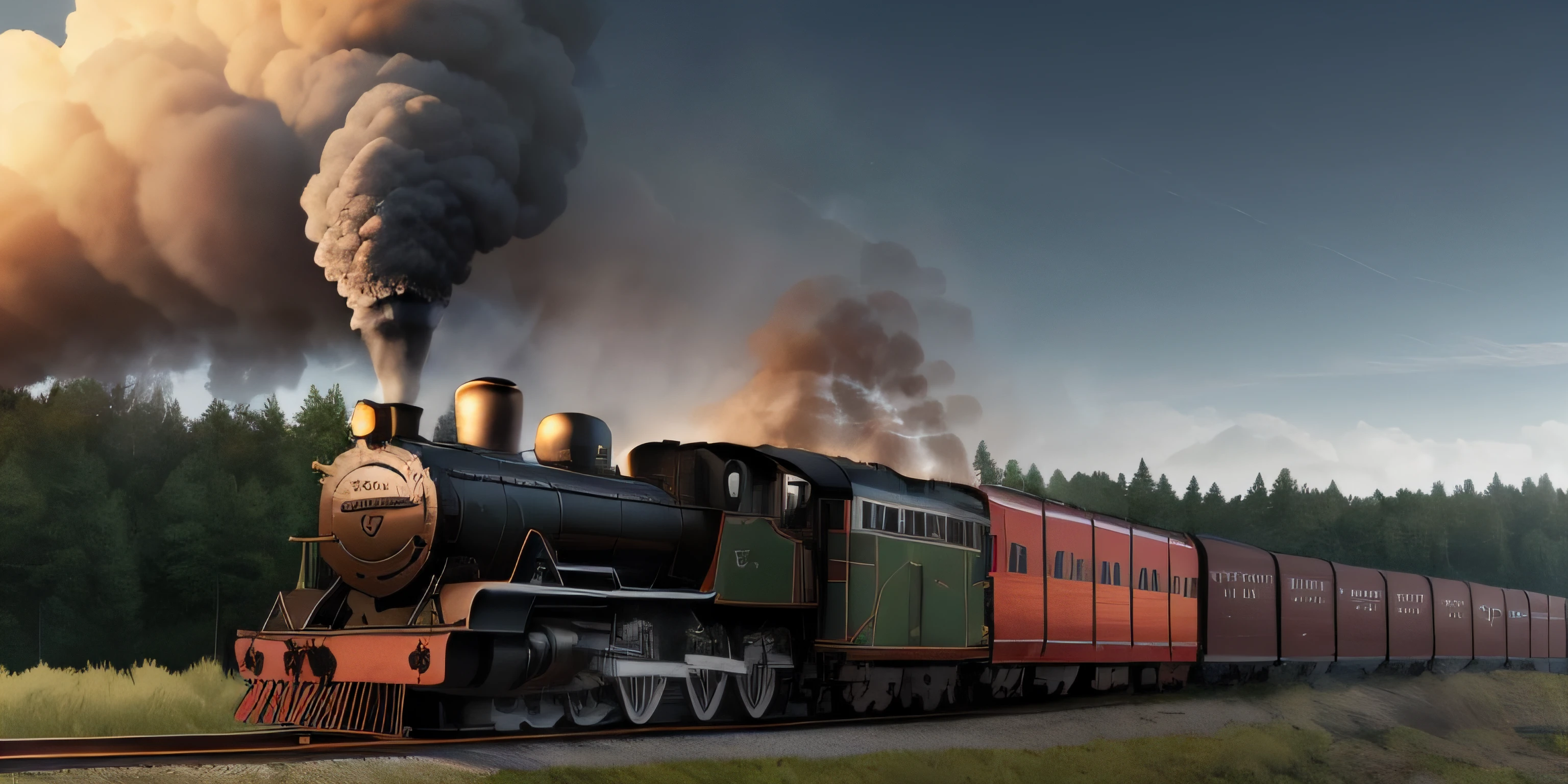 there is a train that is going down the tracks in the woods, trains in the background, smoke trailing out the back, steam train, trains, beautiful screenshot, real engine 5, steam trains, central shot, in game graphic, train, re engine render, detailed screenshot, smoldering, billowing steam and smoke, rendered in arnold engine, sweaty. steam in air