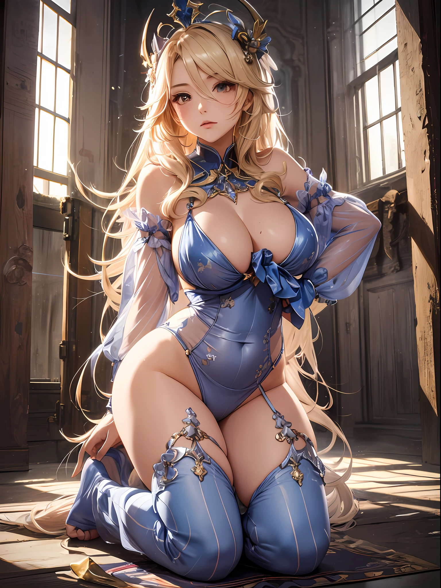 （Enrich the picture，Masterpiece level quality）Beautiful 8K CG artwork，Goddess-like posture，Kneeling exercise，Slim and soft，Translucent skin，coiffed blonde hair、The aesthetic look of extra-long hair and messy hair，The skin is fair and juicy，Big JK Uniform，Perspective Part 1.2x enhanced silhouette effect，Exquisite transparent blues pattern in pajamas，The details are intricate and exquisite，The background is slightly blurred，Charming and lustful leg seduction，Drool，Extra-large big breasts，Blush，