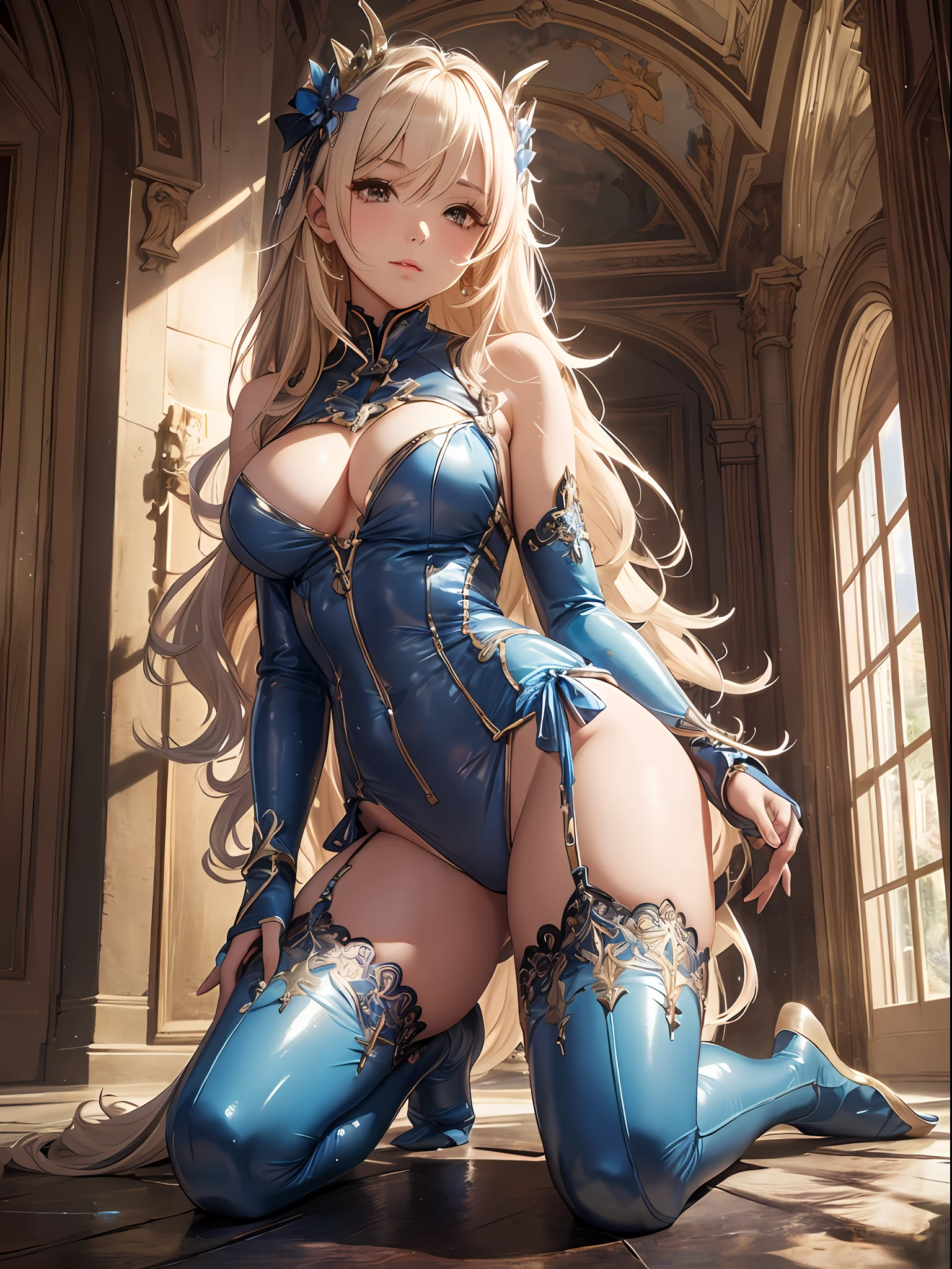 (Enrich the picture,Masterpiece level quality)Beautiful 8K CG artwork,Goddess-like posture,Kneeling exercise,Slim and soft,Translucent skin,coiffed blonde hair、The aesthetic look of extra-long hair and messy hair,The skin is fair and juicy,Big JK Uniform,Perspective Part 1.2x enhanced silhouette effect,Exquisite transparent blues pattern in pajamas,The details are intricate and exquisite,The background is slightly blurred,Charming and lustful leg seduction,Drool,Extra-large big breasts,Blush,