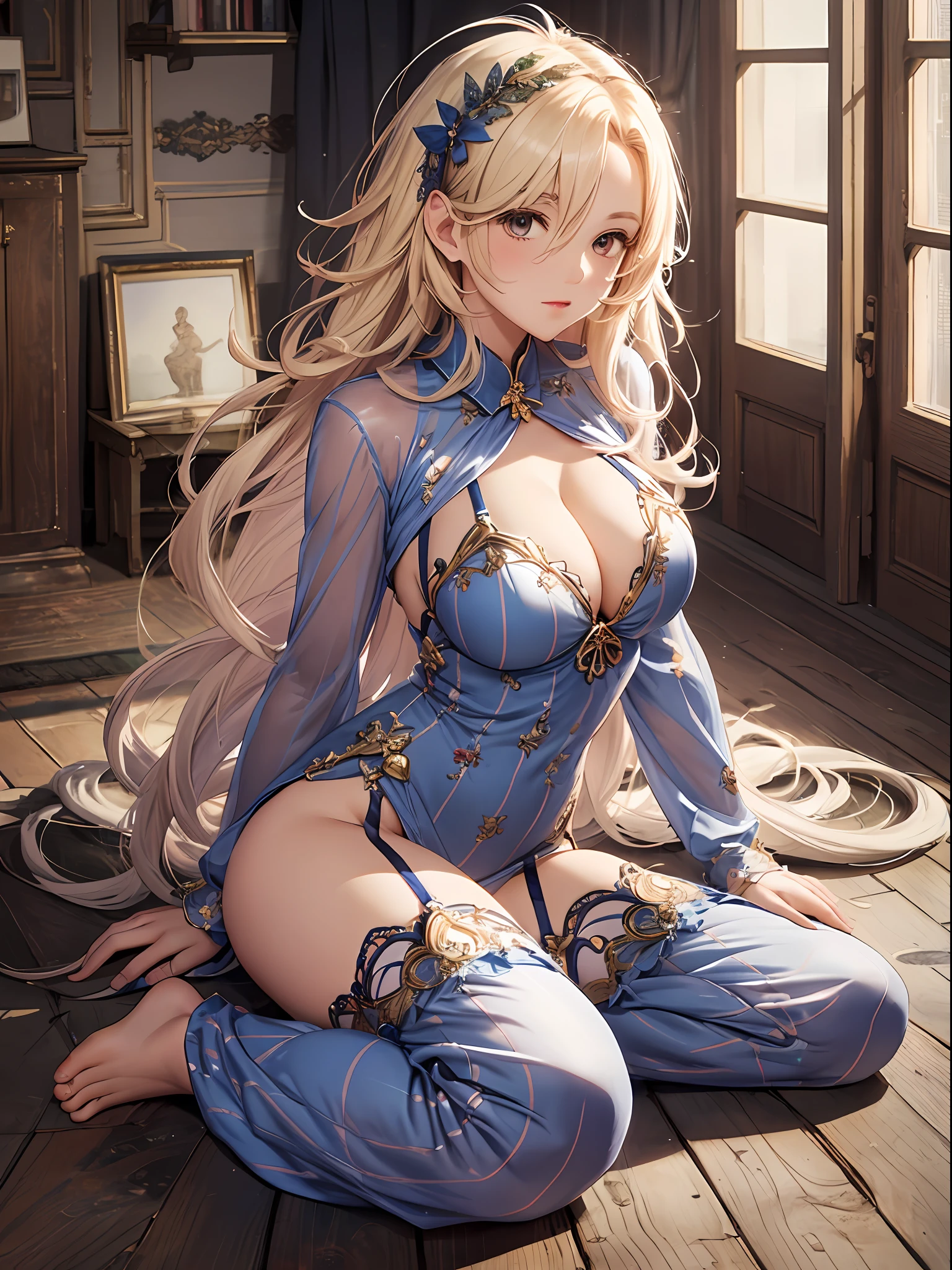 （Enrich the picture，Masterpiece level quality）Beautiful 8K CG artwork，Goddess-like posture，Kneeling exercise，Slim and soft，Translucent skin，coiffed blonde hair、The aesthetic look of extra-long hair and messy hair，The skin is fair and juicy，Big JK Uniform，Perspective Part 1.2x enhanced silhouette effect，Exquisite transparent blues pattern in pajamas，The details are intricate and exquisite，The background is slightly blurred，Charming and lustful leg seduction，Drool，Extra-large big breasts，Blush，