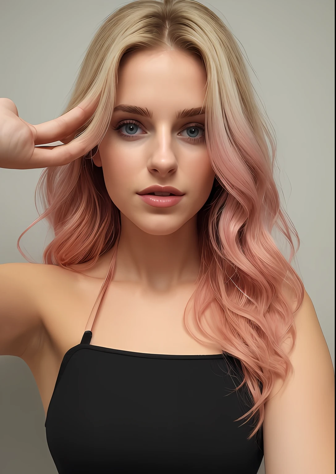 taken with iphone camera BREAK selfie medium shot of a beautiful young woman BREAK (ombre: 1.3) Blonde Pink BREAK Grain Film, medium quality, trabalhando, mac book