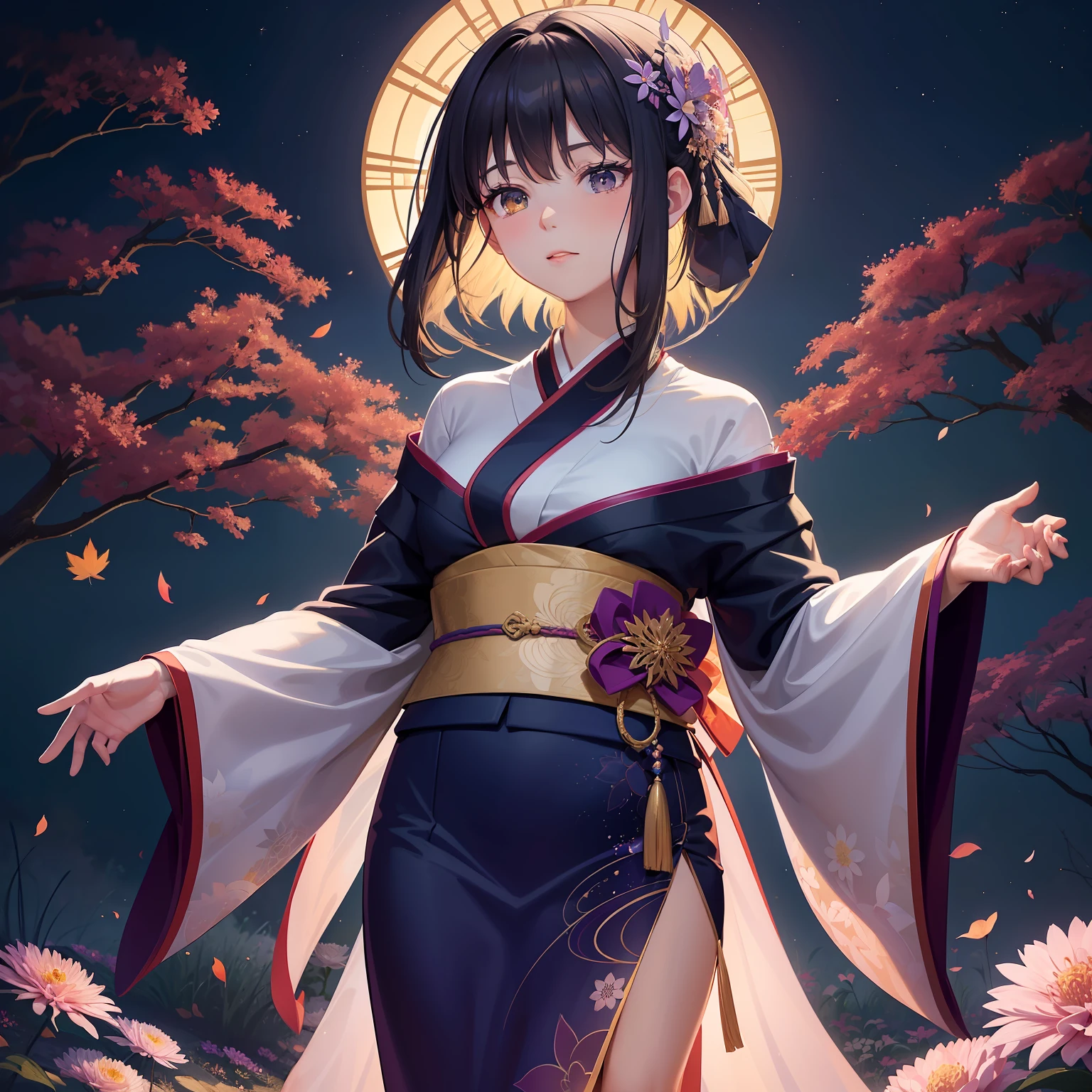 In the ethereal glow of September twilight, Woman in elegant kimono standing alone. The Language of Flowers in September, aster, Weaving a love story, Patience, And around her there is a mysterious charm. Her bright kimono, Sparkle with a dense design of autumn flowers, Reflects this symbolism. Her figure, Lonely silhouette on dreamy background, Invoking inspirational charm. The surrounding landscape is、Dancing Maple Leaf Spectrum Ballet, Emphasizes the quiet beauty of her melancholic gaze. It is as if she is the living embodiment of asters - a seductive fusion of beauty, grace, And intriguing charm, Resonate harmoniously with the enchanting twilight.