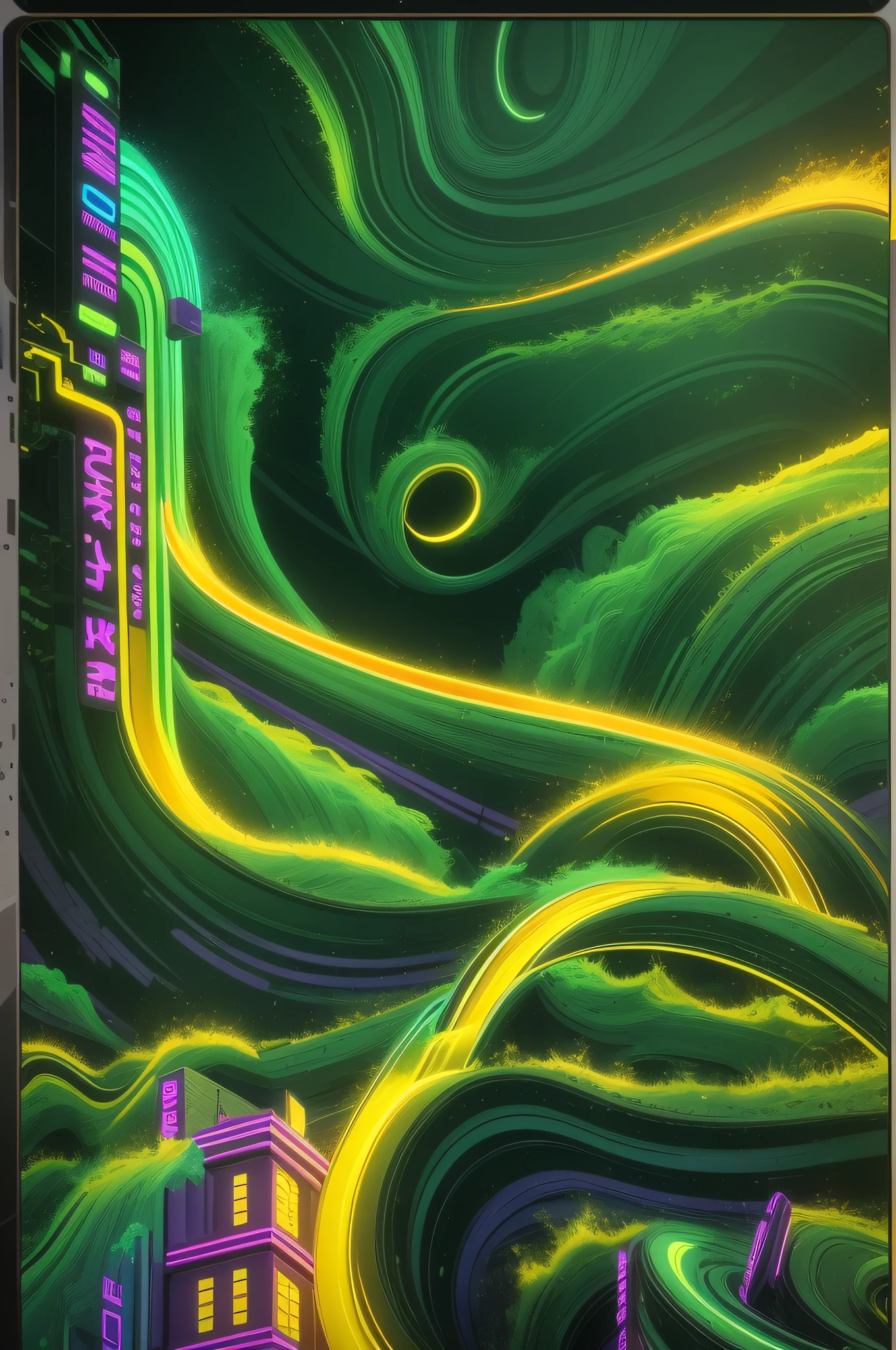 Make an abstract painting using only green yellow and purple and black masterpiece, best quality:1.4), cinematic light, colorful, high contrast, neon, no people, expansive landscape photography, bottom to top use very green neon yellow neon purple neon and black, without using any other color, details, neon, without appearing smoky people in the shape of Japanese waves brightly colored cube with a city in the background, cinema 4d colorful render, 3d digital art 4k, stylized 3 d graphics, cinema 4 d art, super detailed color lowpoly art, abstract 3 d artwork, nvidia and behance, digital artwork 4 k, digital art 8k, digital art 8 k, beeple colors