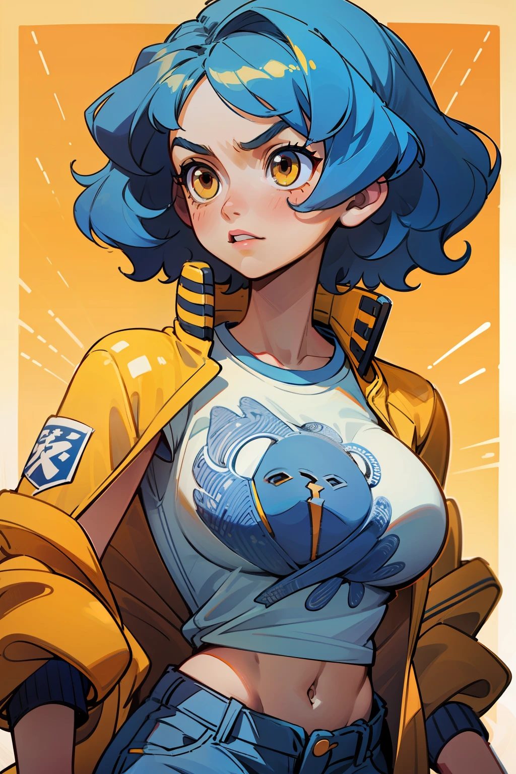 (1 girl), (solo), white t-shirt, yellow jacket, short blue hair, wavy blue hair, brown eyes, strong build, athletic body, big boobs, jeans, (high quality), (hd), (very detailed) ), curly hair, broad shoulders, all white shirt, ((T-shirt without print)), wide waist, slightly chubby