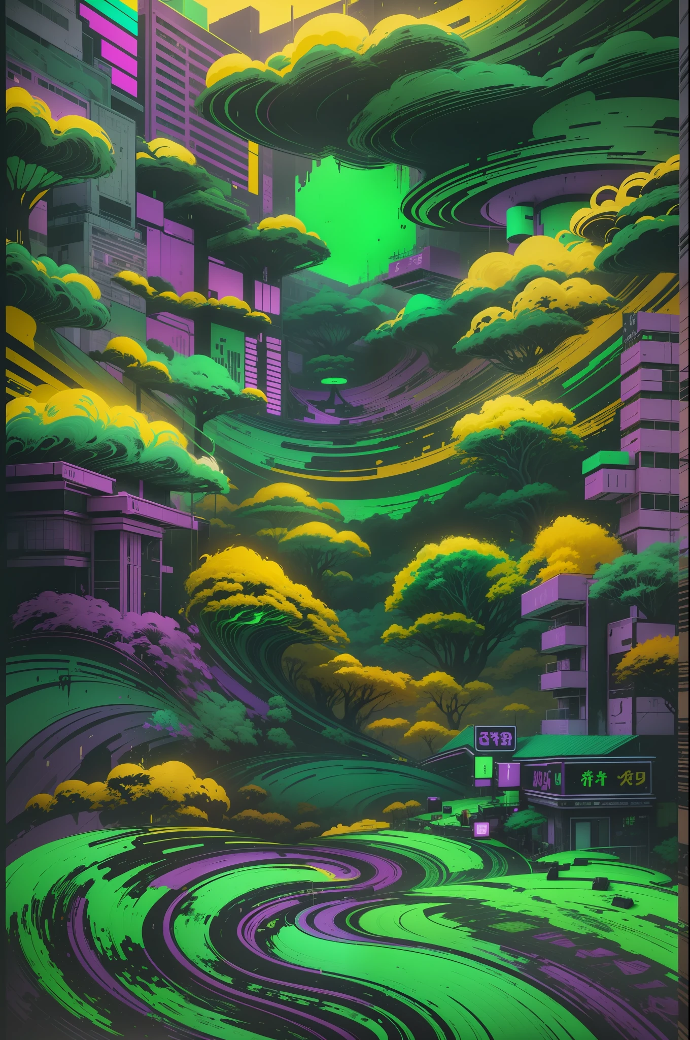 Make an abstract painting using only green yellow and purple and black masterpiece, best quality:1.4), cinematic light, colorful, high contrast, neon, no people, expansive landscape photography, bottom to top use very green neon yellow neon purple neon and black, without using any other color, details, neon, without appearing smoky people in the shape of Japanese waves
